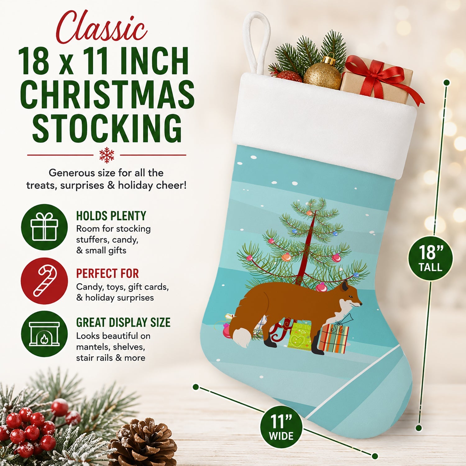 Red Fox Christmas Holiday Stocking Double-Sided Print, Polyester Suede,11x18, Made in USA