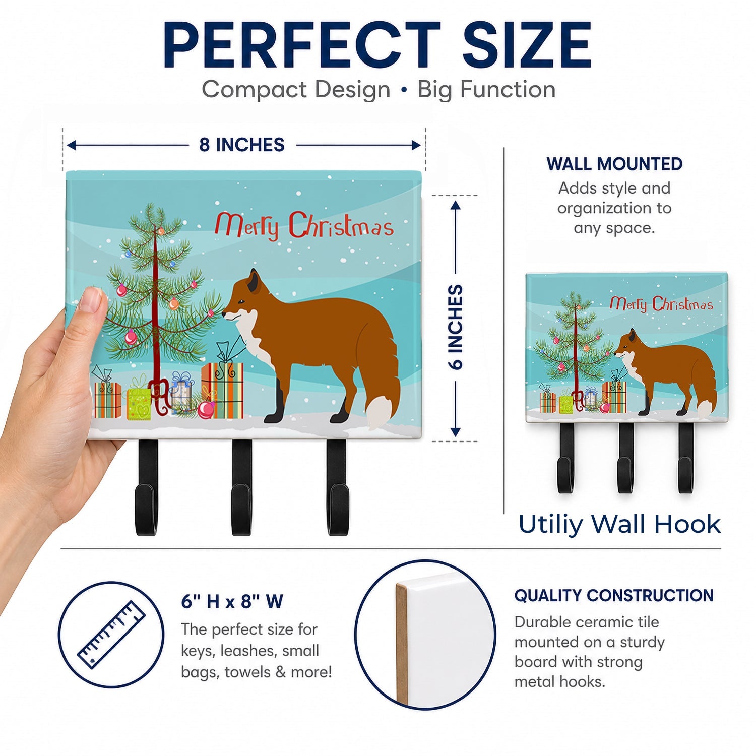 Red Fox Christmas Leash or Key Holder Wall Hooks, Coat Rack Wall Mount, for Hanging Keys, Towels, Aprons, Leashes