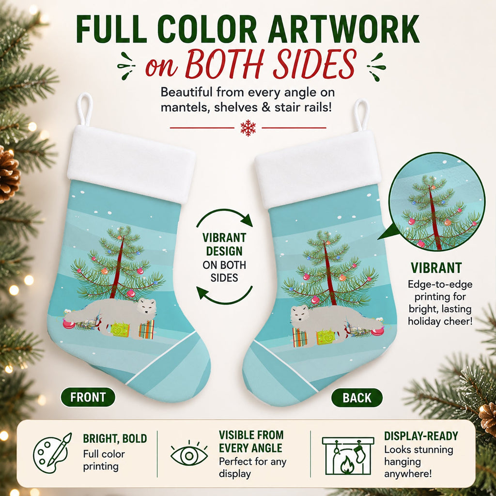 White Arctic Fox Christmas Holiday Stocking Double-Sided Print, Polyester Suede,11x18, Made in USA