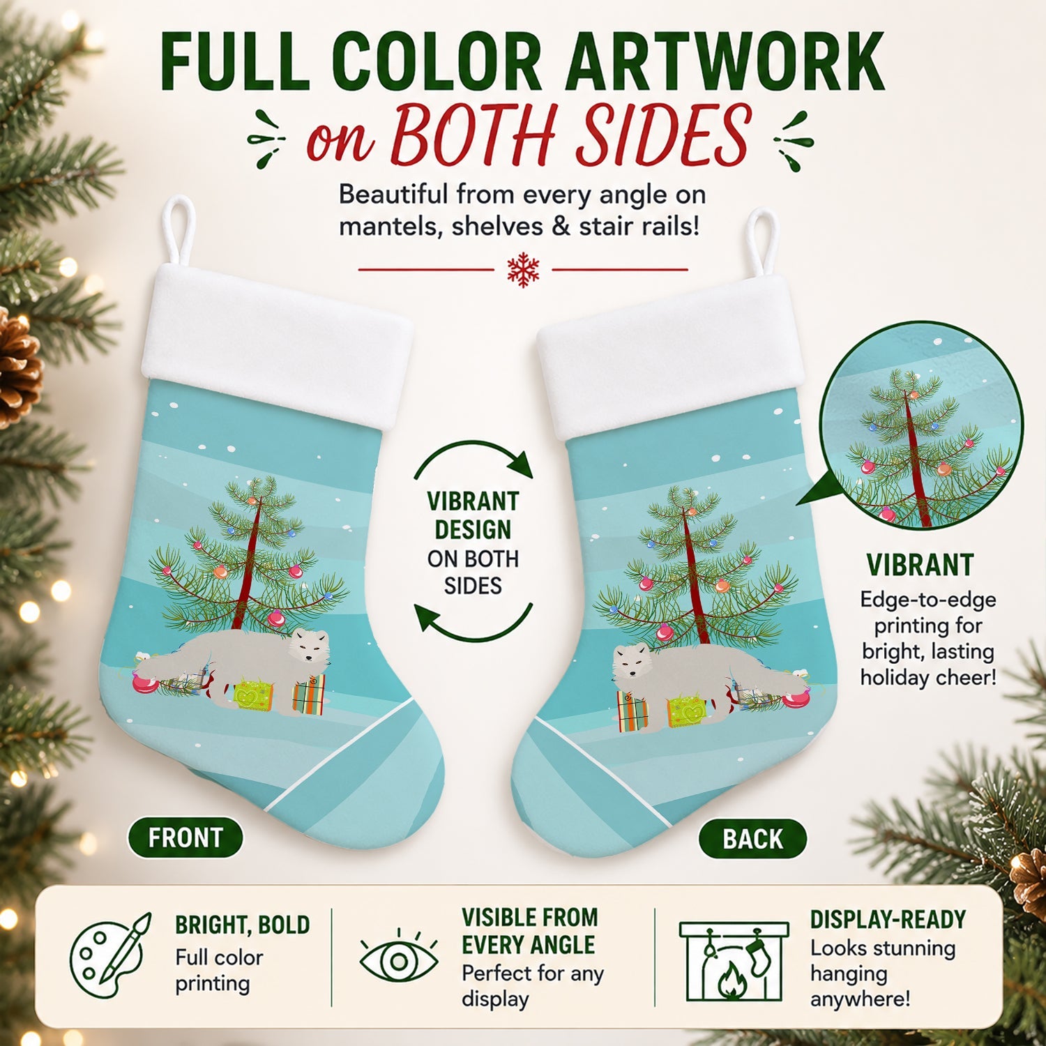 White Arctic Fox Christmas Holiday Stocking Double-Sided Print, Polyester Suede,11x18, Made in USA