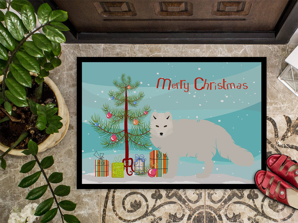 White Arctic Fox Christmas Doormat Indoor Outdoor 24H X 36W Front Door Mat Rugs for Entryway, Non Slip Washable Low Pile,