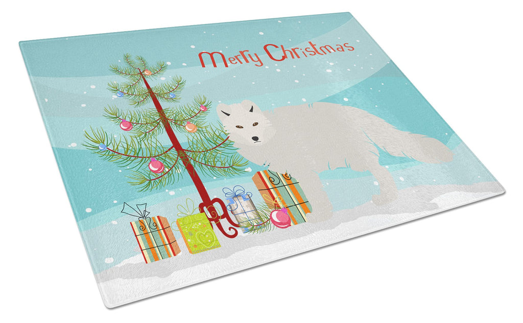 White Arctic Fox Christmas Cutting Board Tempered Glass Kitchen Cutting Surface, Heat Resistant Chopping, Non-Slip Feet, Food Prep & Serving