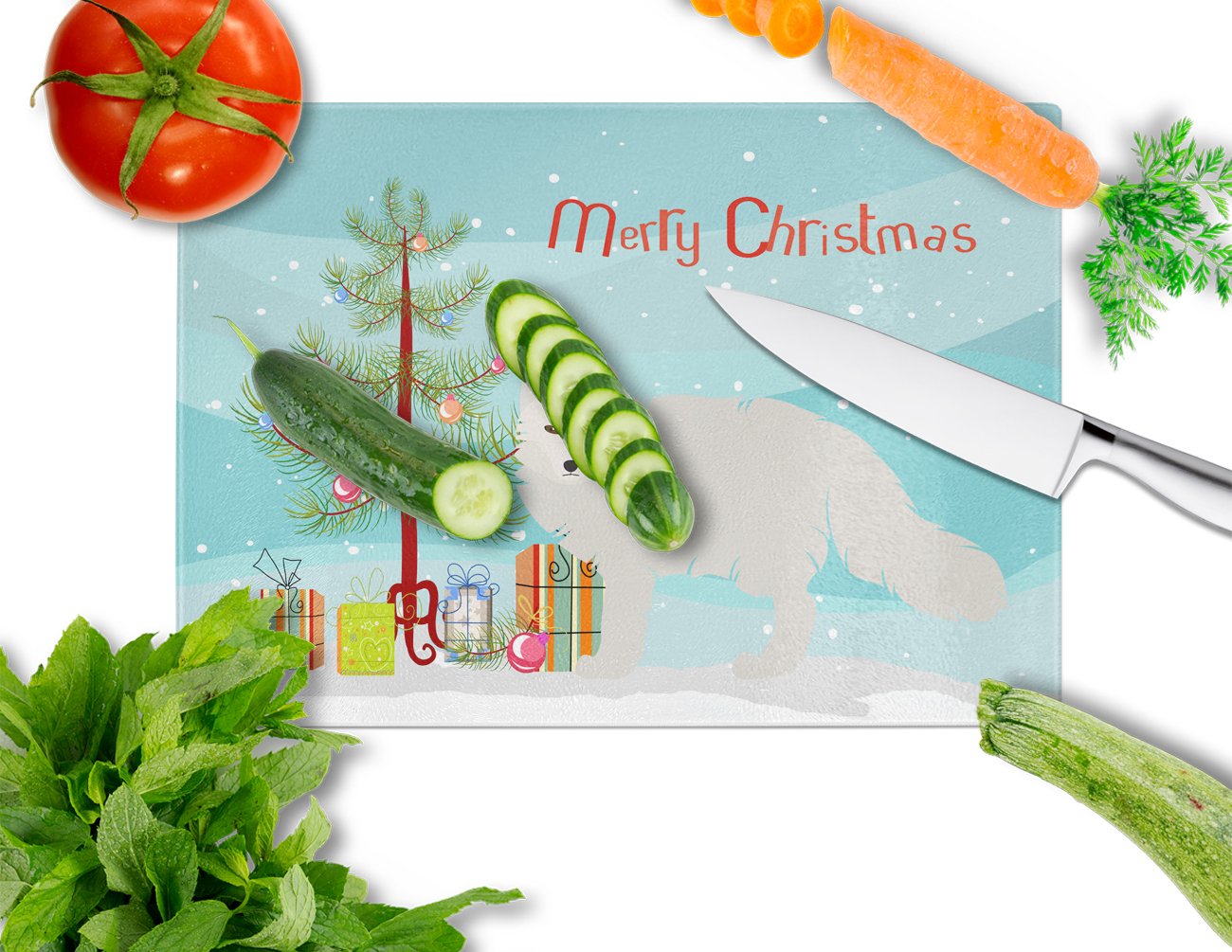 White Arctic Fox Christmas Cutting Board Tempered Glass Kitchen Cutting Surface, Heat Resistant Chopping, Non-Slip Feet, Food Prep & Serving