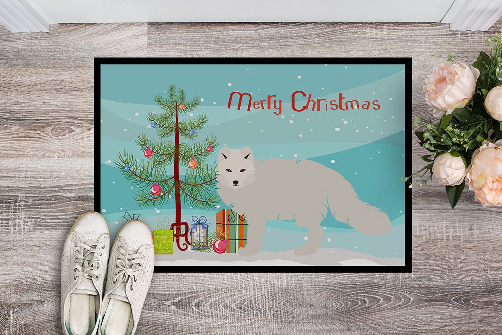 White Arctic Fox Christmas Doormat Indoor Outdoor 18H X 27W Front Door Mat Rugs for Entryway, Non Slip Washable
