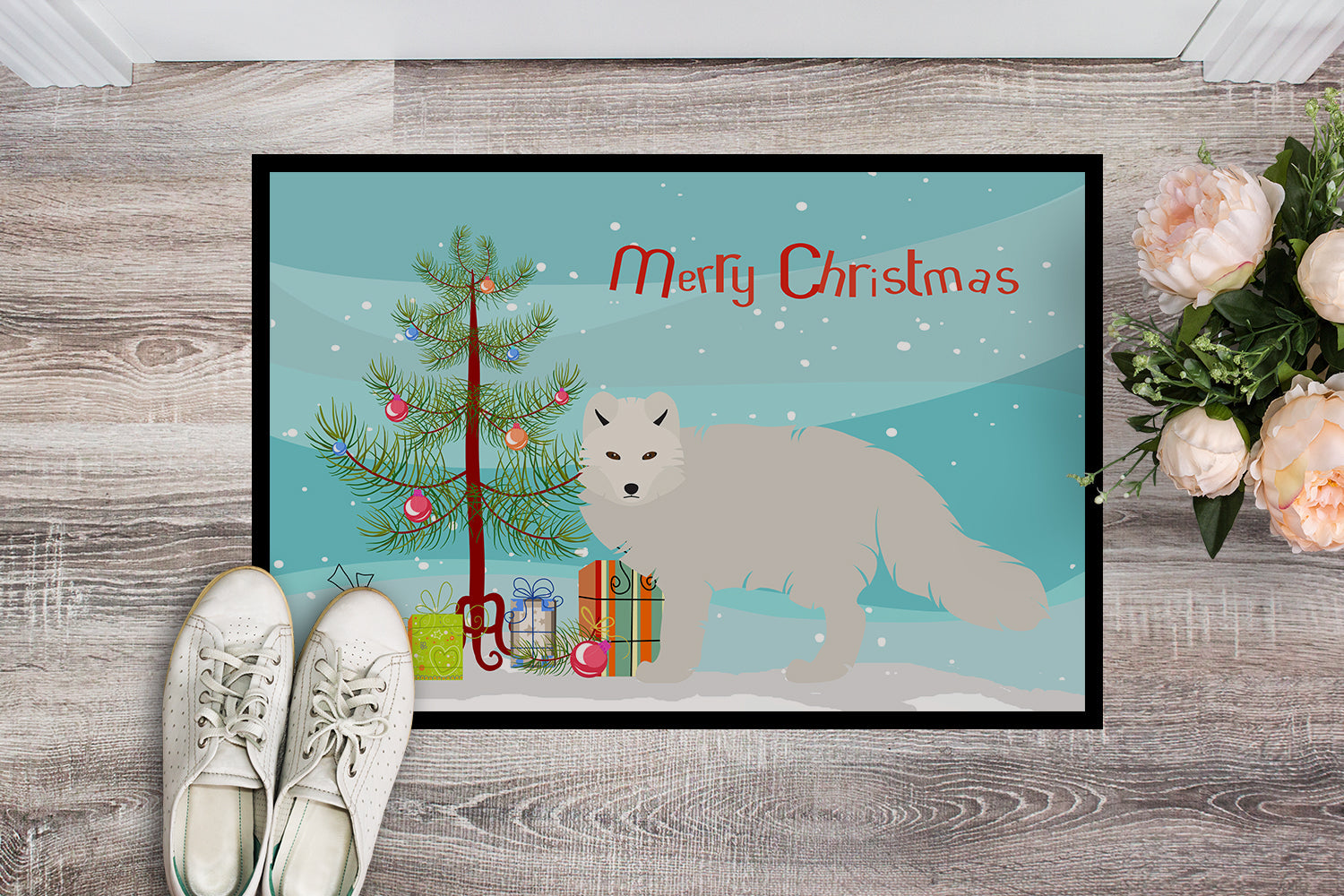 White Arctic Fox Christmas Doormat Indoor Outdoor 18H X 27W Front Door Mat Rugs for Entryway, Non Slip Washable