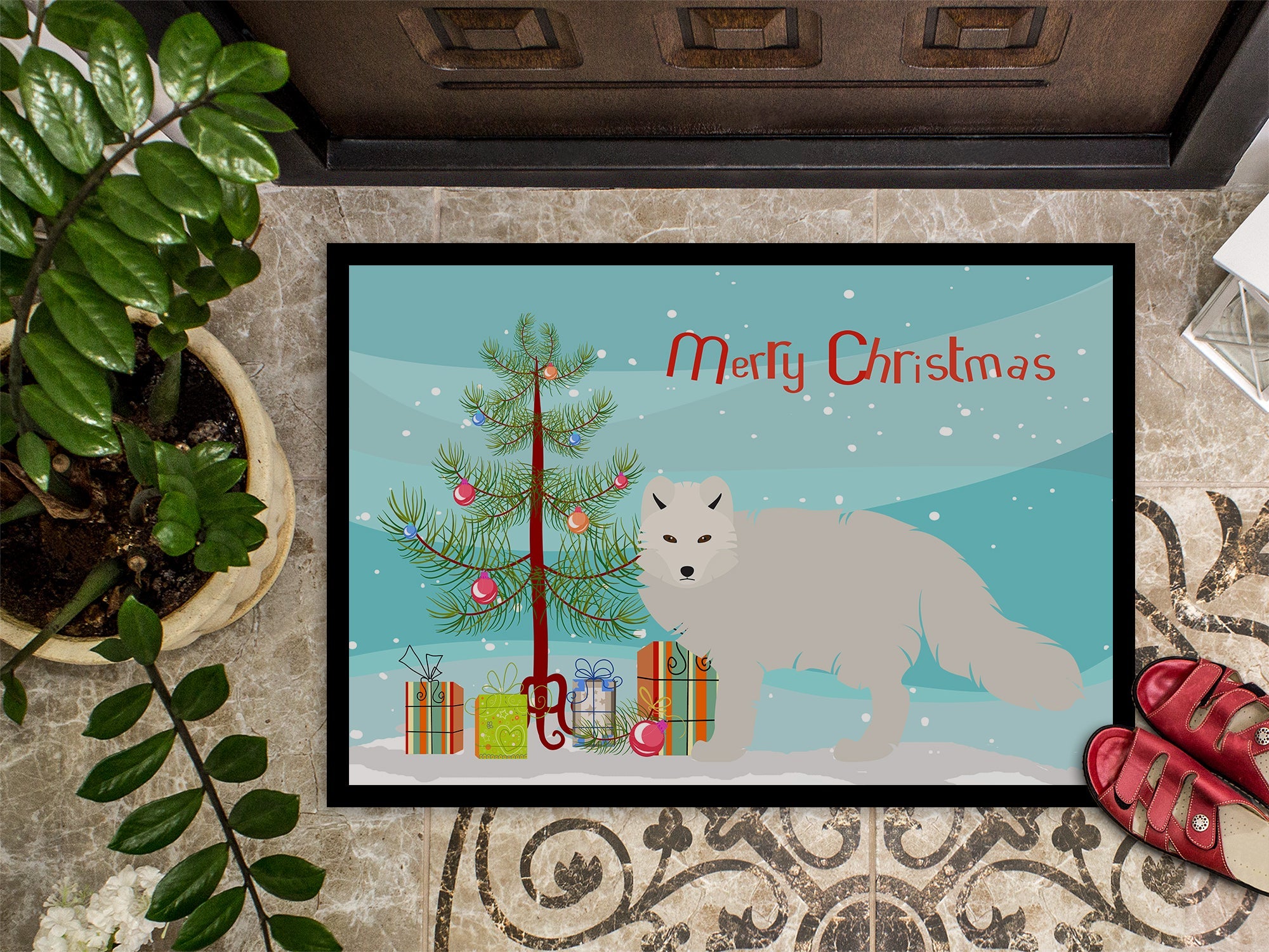 White Arctic Fox Christmas Doormat Indoor Outdoor 18H X 27W Front Door Mat Rugs for Entryway, Non Slip Washable
