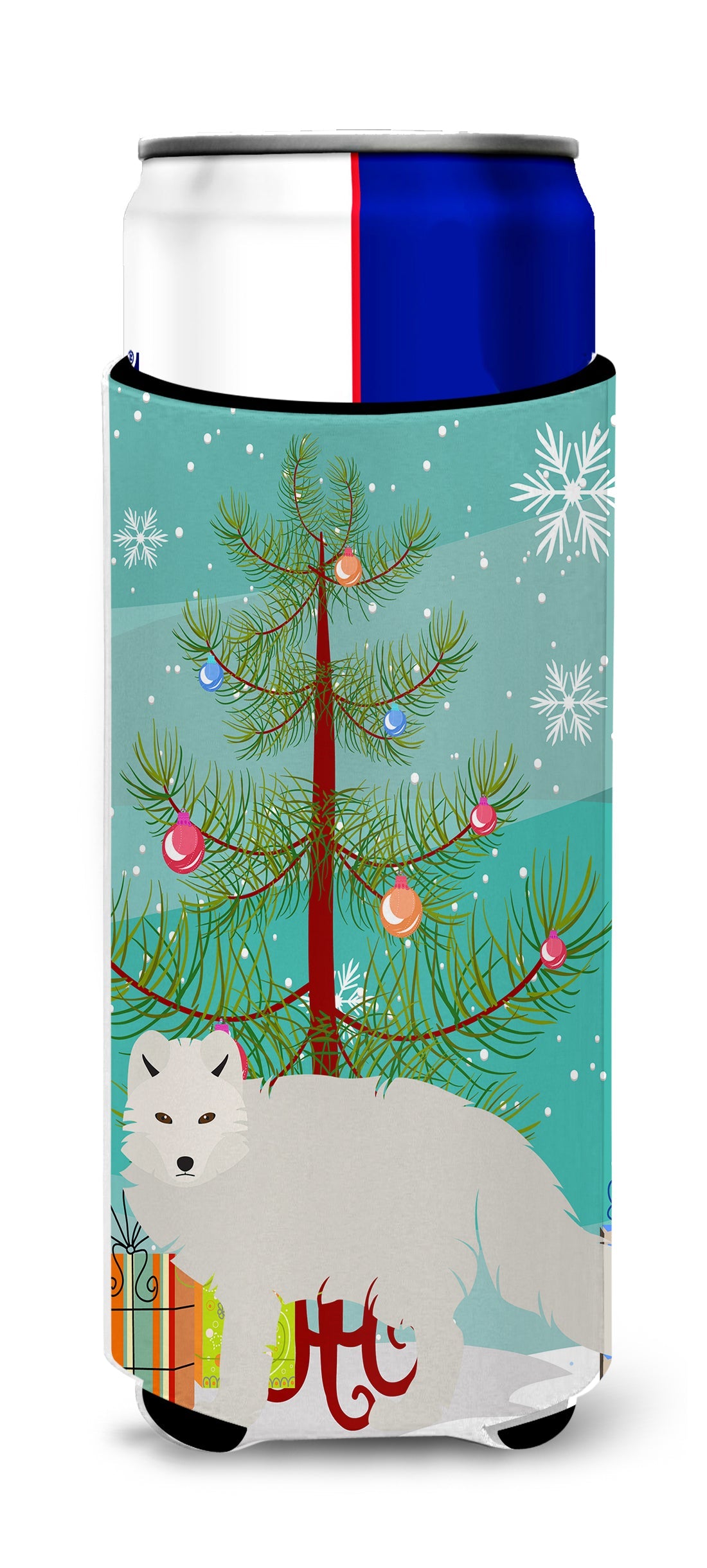 White Arctic Fox Christmas Slim Can Hugger , Insulated Foam Hugger for 12 oz Slim Cans, Beer Bottles & Water Bottles, Printed in USA