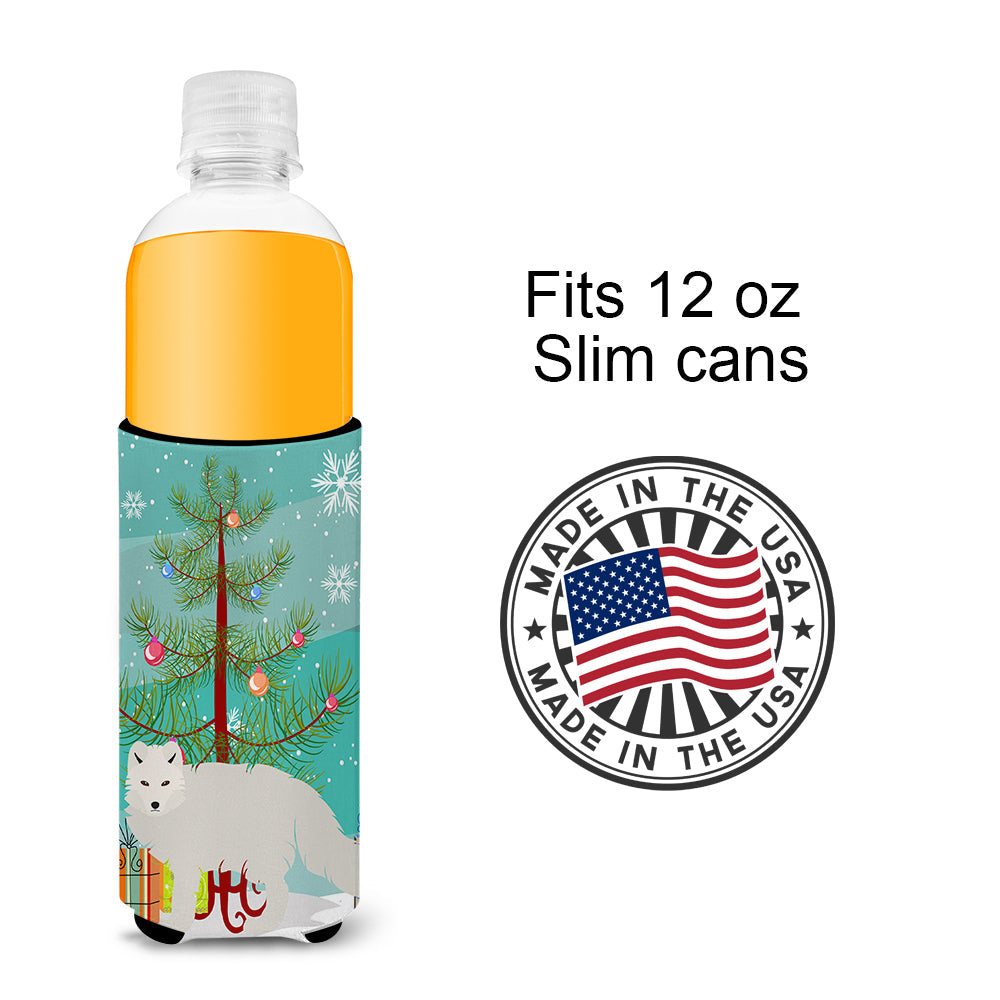 White Arctic Fox Christmas Slim Can Hugger , Insulated Foam Hugger for 12 oz Slim Cans, Beer Bottles & Water Bottles, Printed in USA