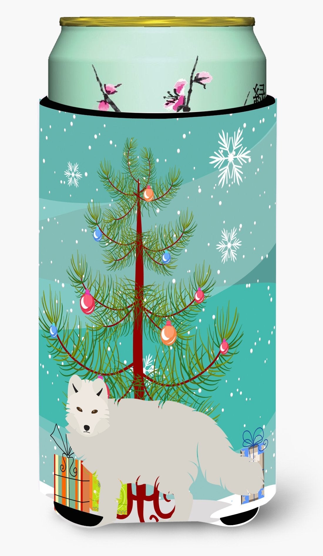 White Arctic Fox Christmas Tall Boy Hugger Can Cooler Sleeve Machine Washable Drink Collapsible Insulator Beverage Insulated Holder