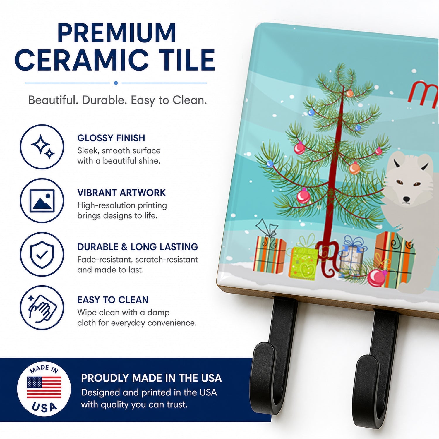 White Arctic Fox Christmas Leash or Key Holder Wall Hooks, Coat Rack Wall Mount, for Hanging Keys, Towels, Aprons, Leashes