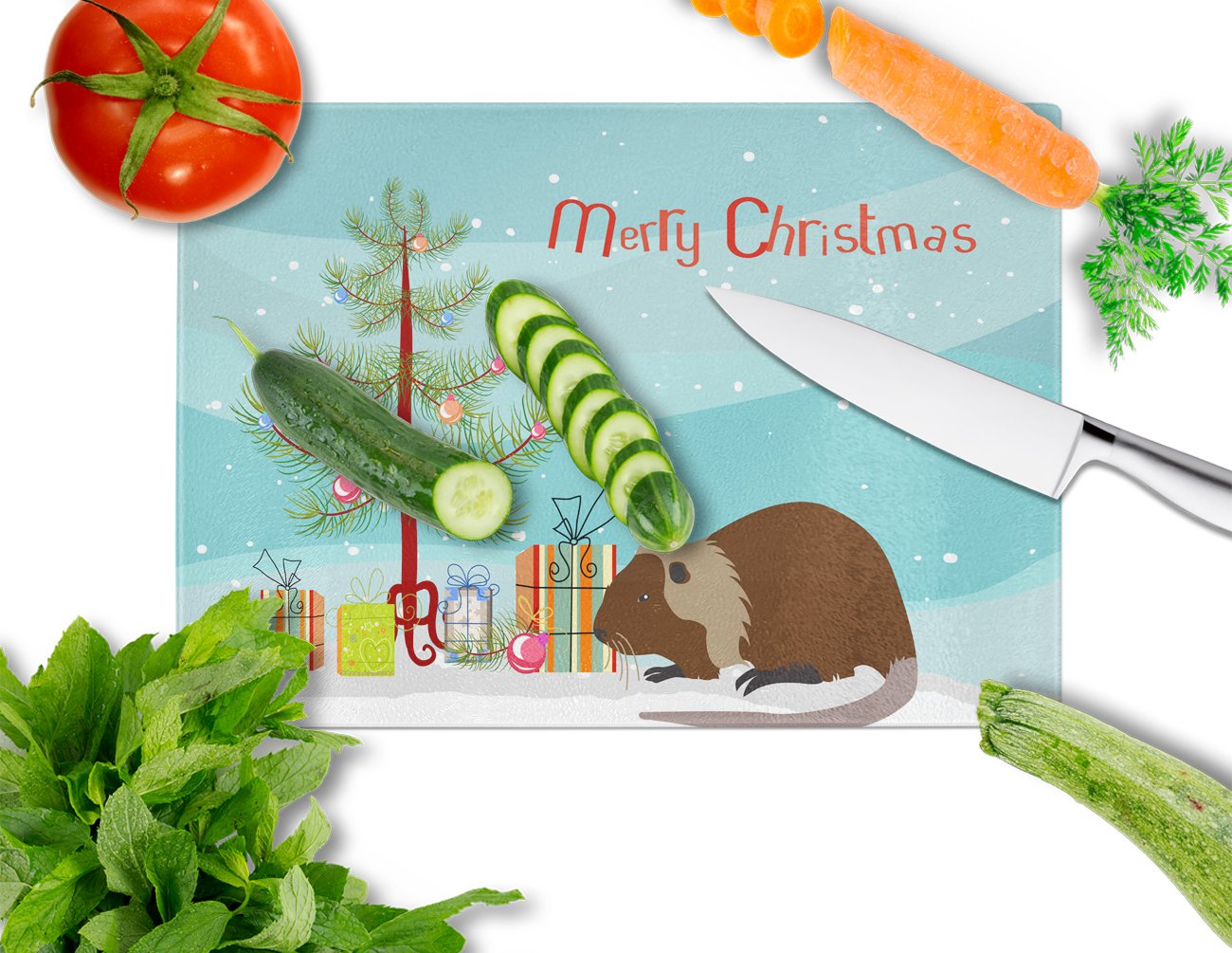 Coypu Nutria River Rat Christmas Cutting Board Tempered Glass Kitchen Cutting Surface, Heat Resistant Chopping, Non-Slip Feet, Food Prep & Serving