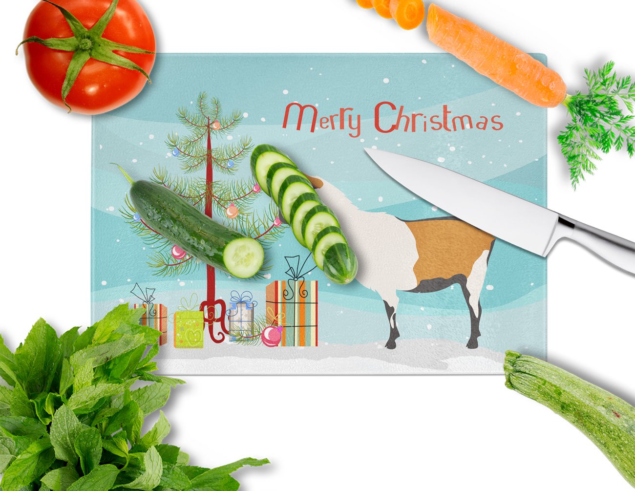 Alpine Goat Christmas Cutting Board Tempered Glass Kitchen Cutting Surface, Heat Resistant Chopping, Non-Slip Feet, Food Prep & Serving