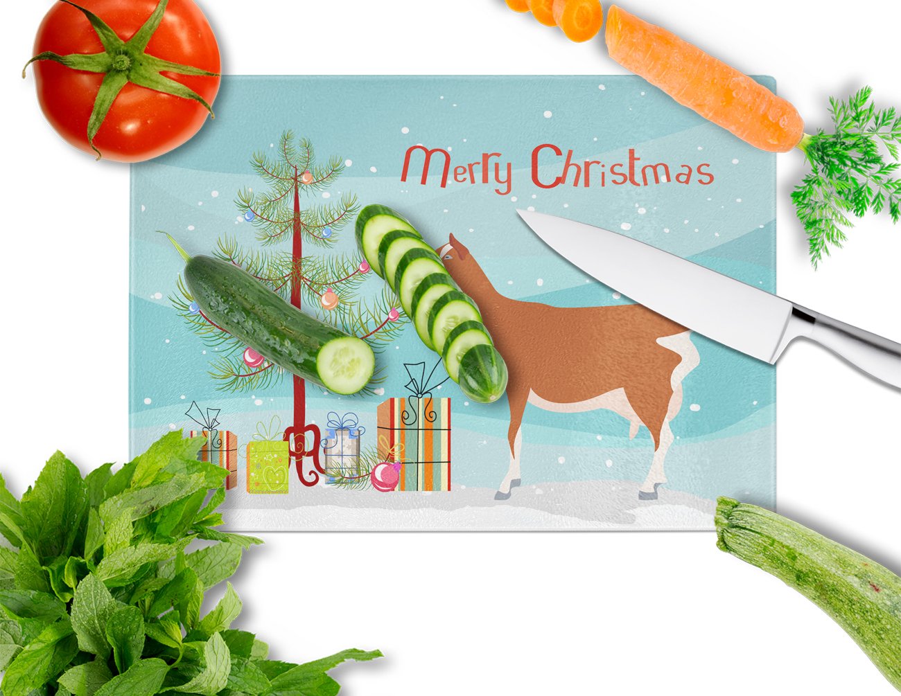 Toggenburger Goat Christmas Cutting Board Tempered Glass Kitchen Cutting Surface, Heat Resistant Chopping, Non-Slip Feet, Food Prep & Serving
