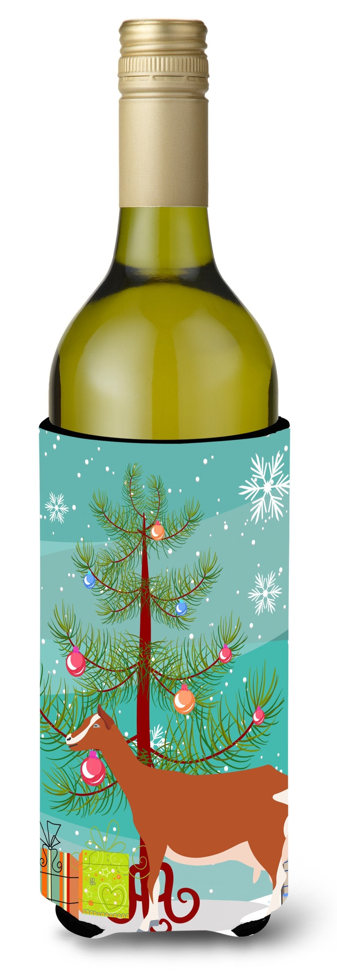 Toggenburger Goat Christmas Wine Bottle Hugger Gift Sleeve for Standard 750 ml Bottles, Insulated Reusable Also Fits Mini Shot & Pint Bottles
