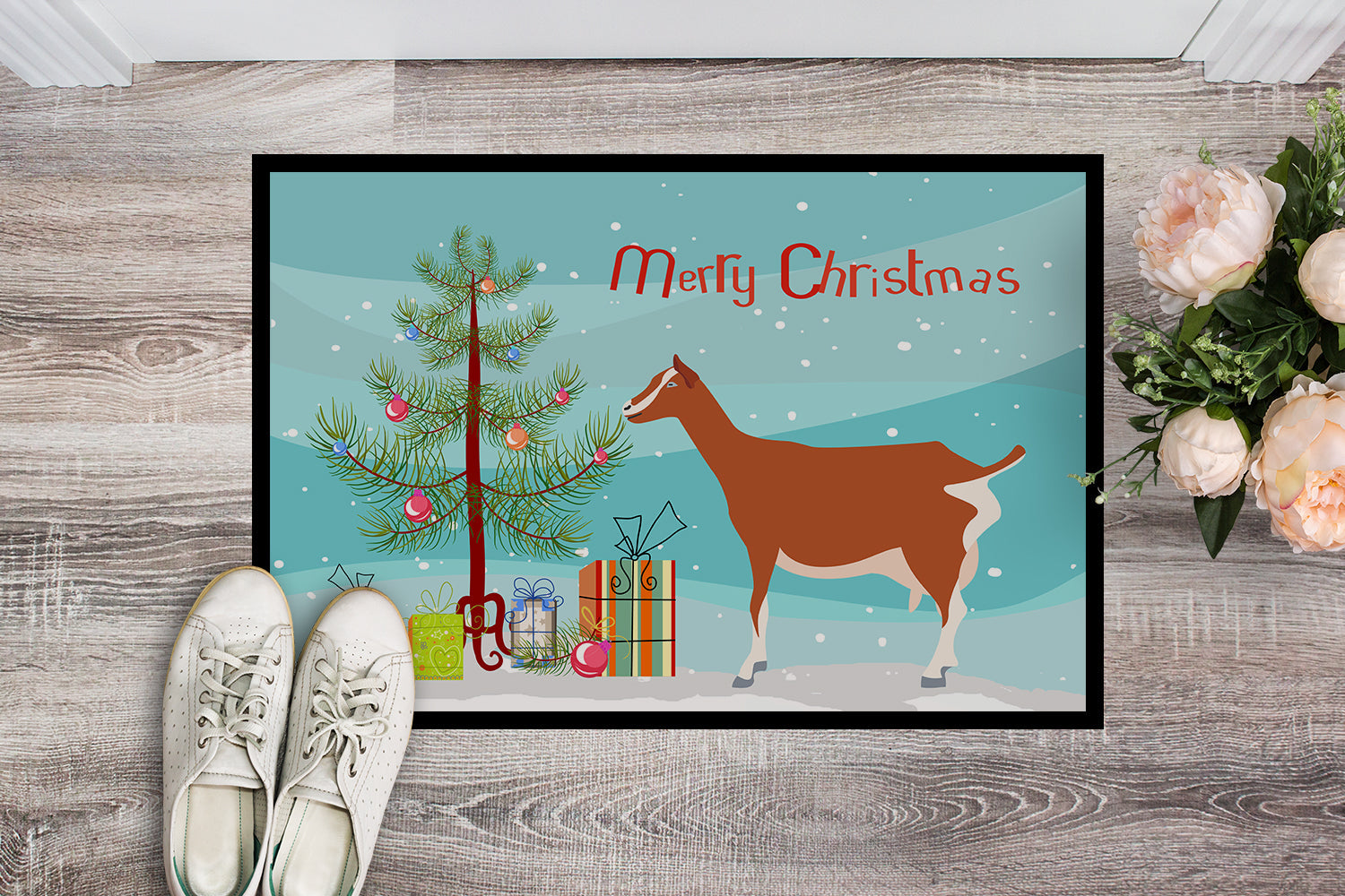 Toggenburger Goat Christmas Doormat Indoor Outdoor 18H X 27W Front Door Mat Rugs for Entryway, Non Slip Washable