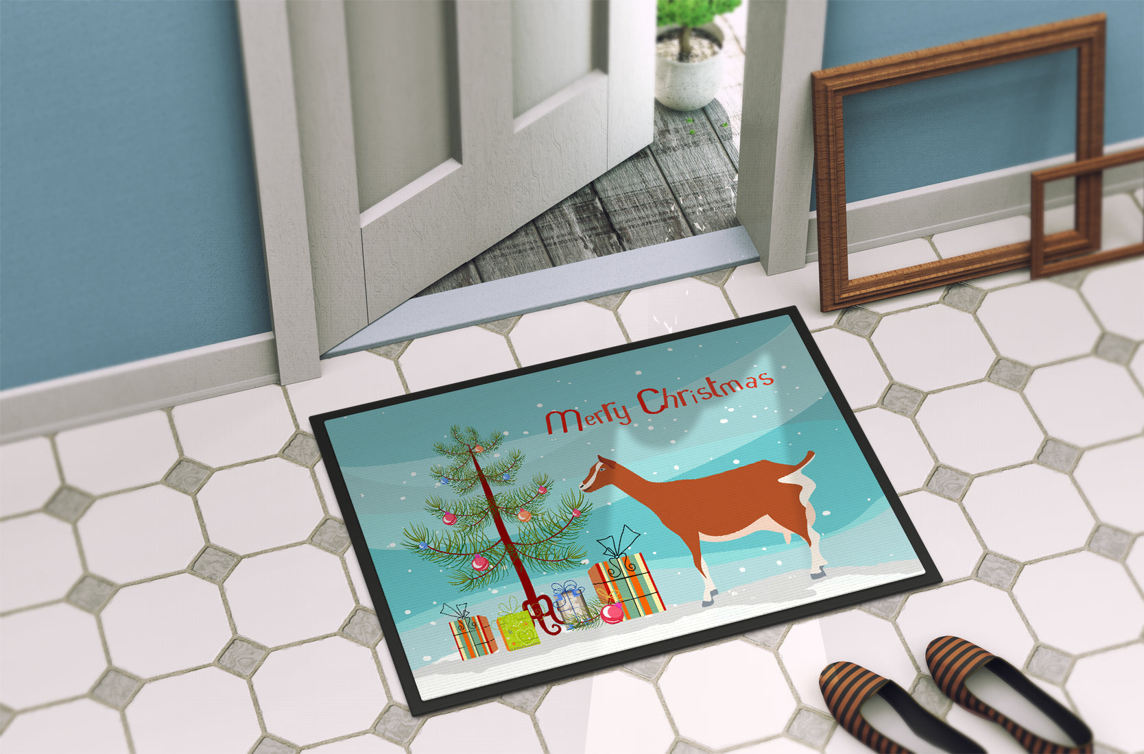 Toggenburger Goat Christmas Doormat Indoor Outdoor 18H X 27W Front Door Mat Rugs for Entryway, Non Slip Washable