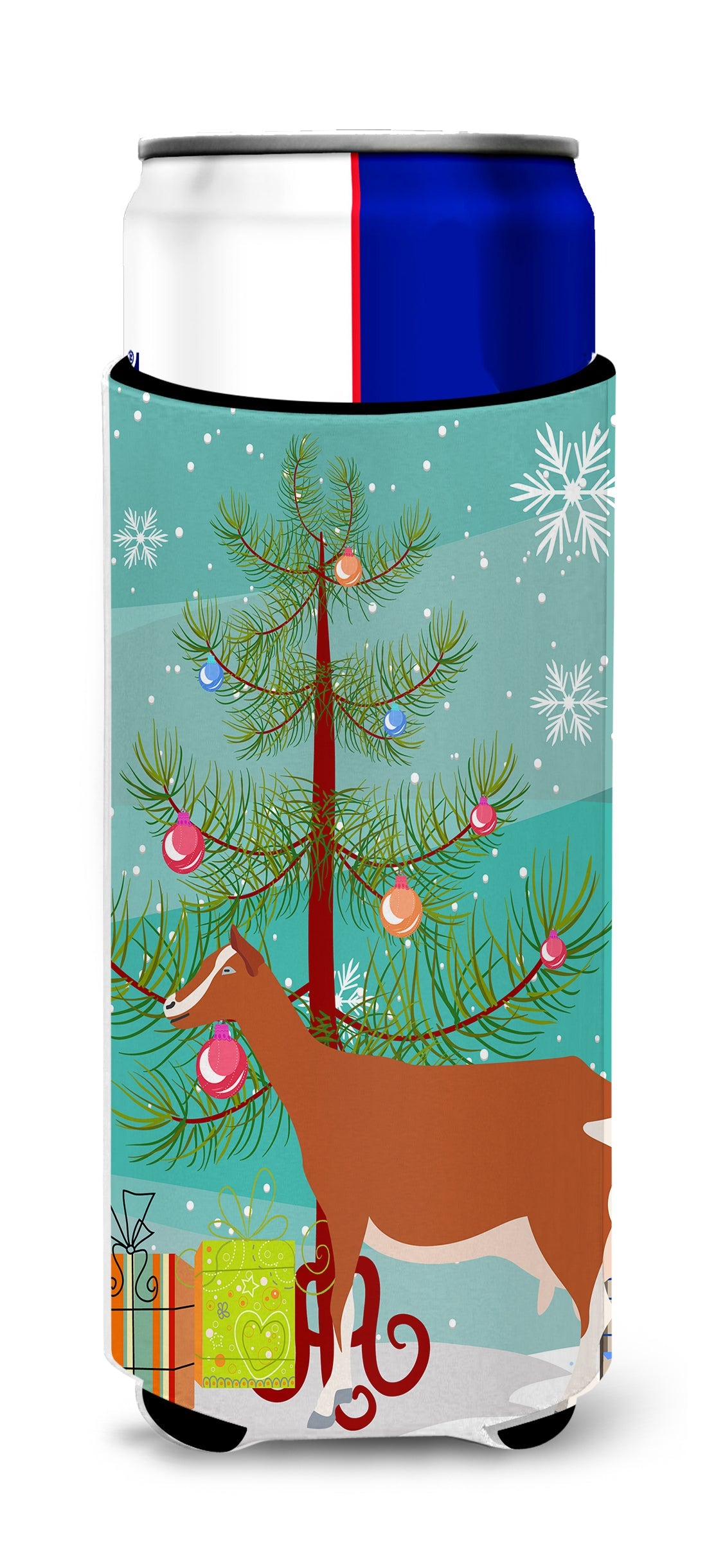 Toggenburger Goat Christmas Slim Can Hugger , Insulated Foam Hugger for 12 oz Slim Cans, Beer Bottles & Water Bottles, Printed in USA