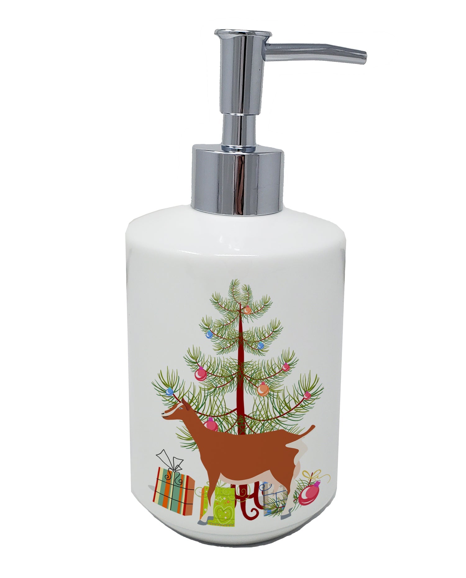 Toggenburger Goat Christmas Ceramic Soap Dispenser , Empty Refillable Hand Soap Pump Bottle for Bathroom Kitchen