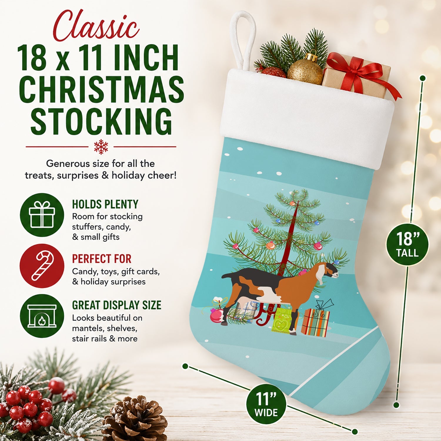 Anglo-nubian Nubian Goat Christmas Holiday Stocking Double-Sided Print, Polyester Suede,11x18, Made in USA