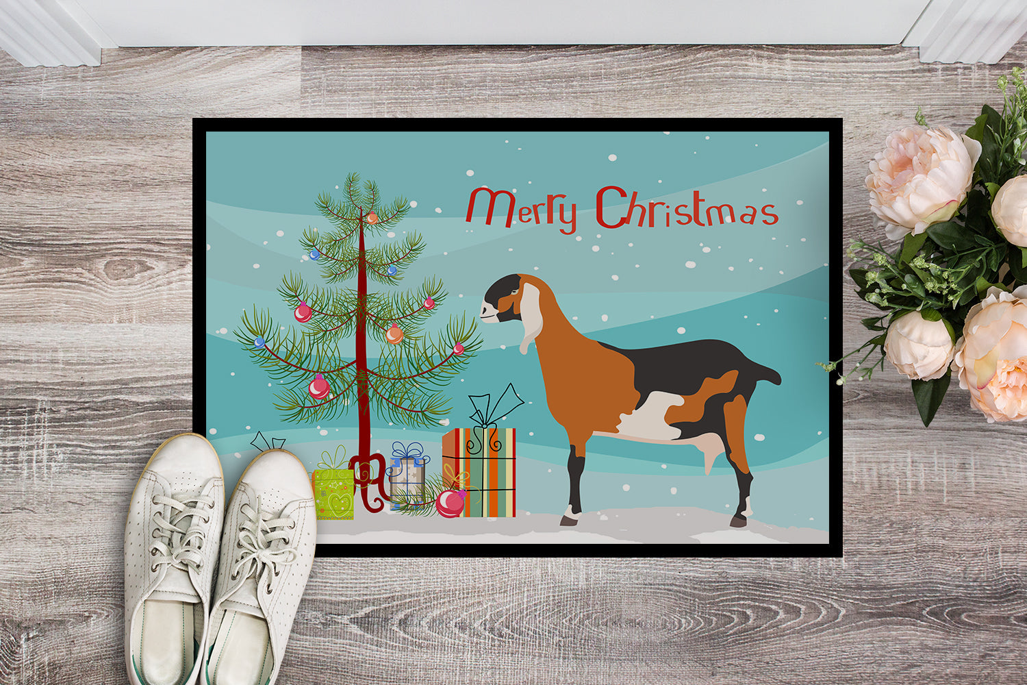 Anglo-nubian Nubian Goat Christmas Doormat Indoor Outdoor 24H X 36W Front Door Mat Rugs for Entryway, Non Slip Washable Low Pile,