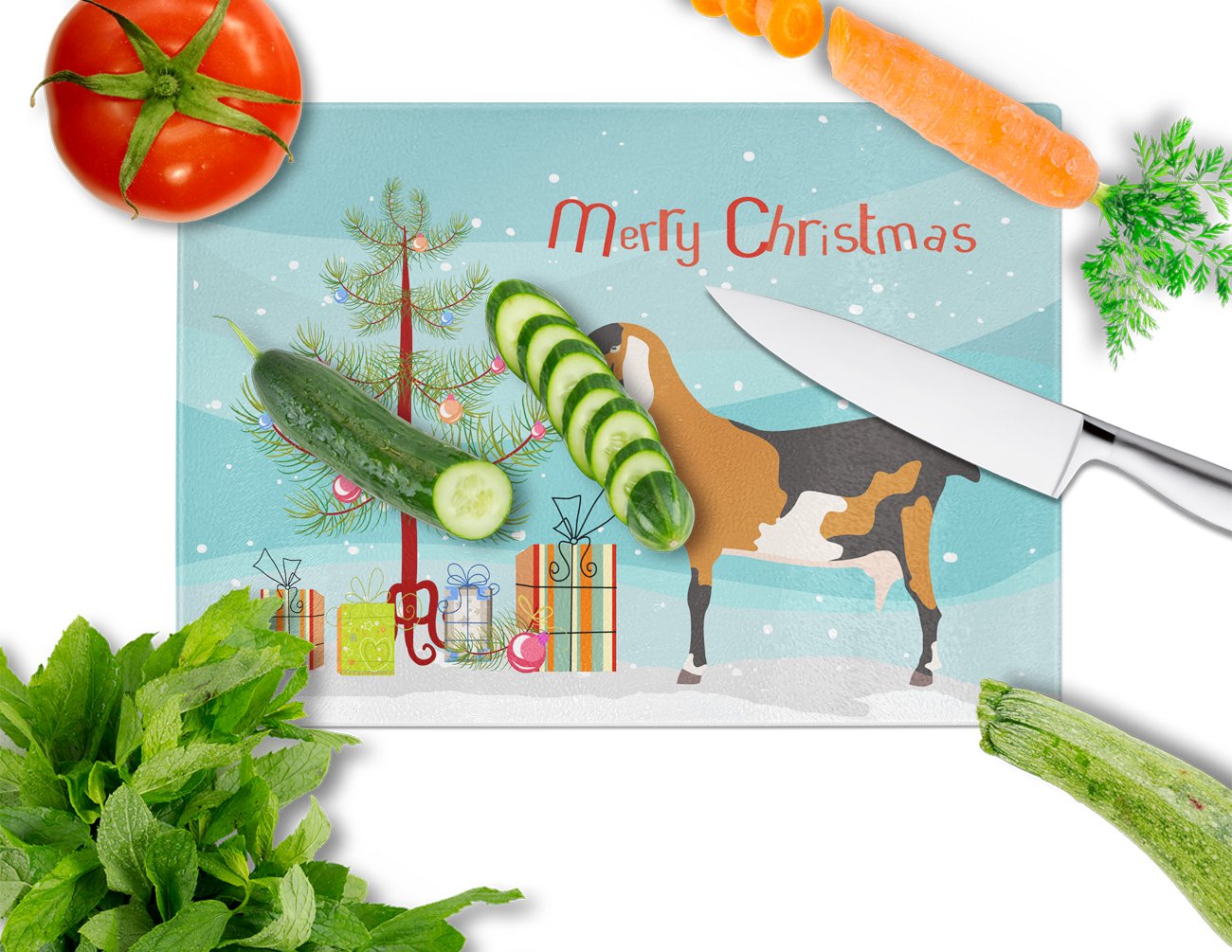 Anglo-nubian Nubian Goat Christmas Cutting Board Tempered Glass Kitchen Cutting Surface, Heat Resistant Chopping, Non-Slip Feet, Food Prep & Serving