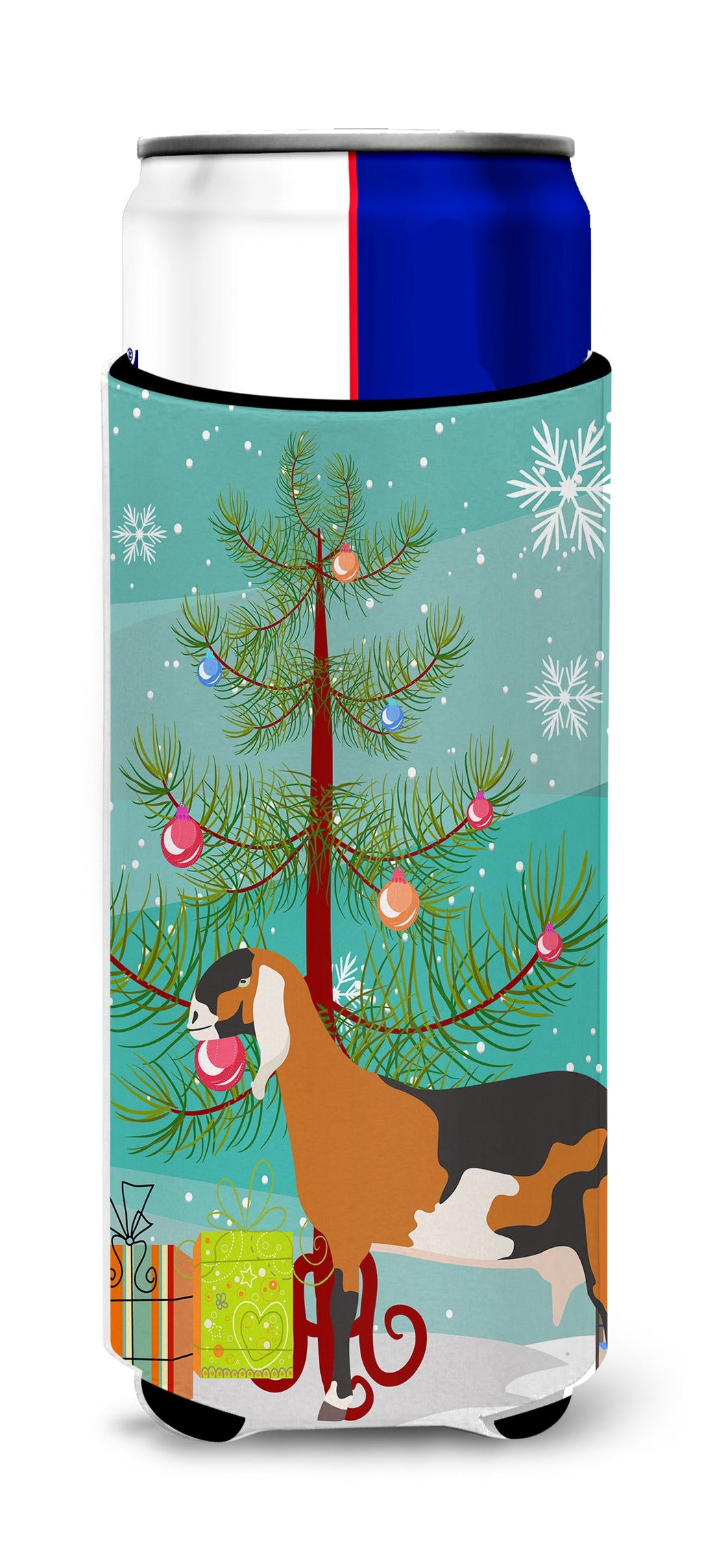 Anglo-nubian Nubian Goat Christmas Slim Can Hugger , Insulated Foam Hugger for 12 oz Slim Cans, Beer Bottles & Water Bottles, Printed in USA