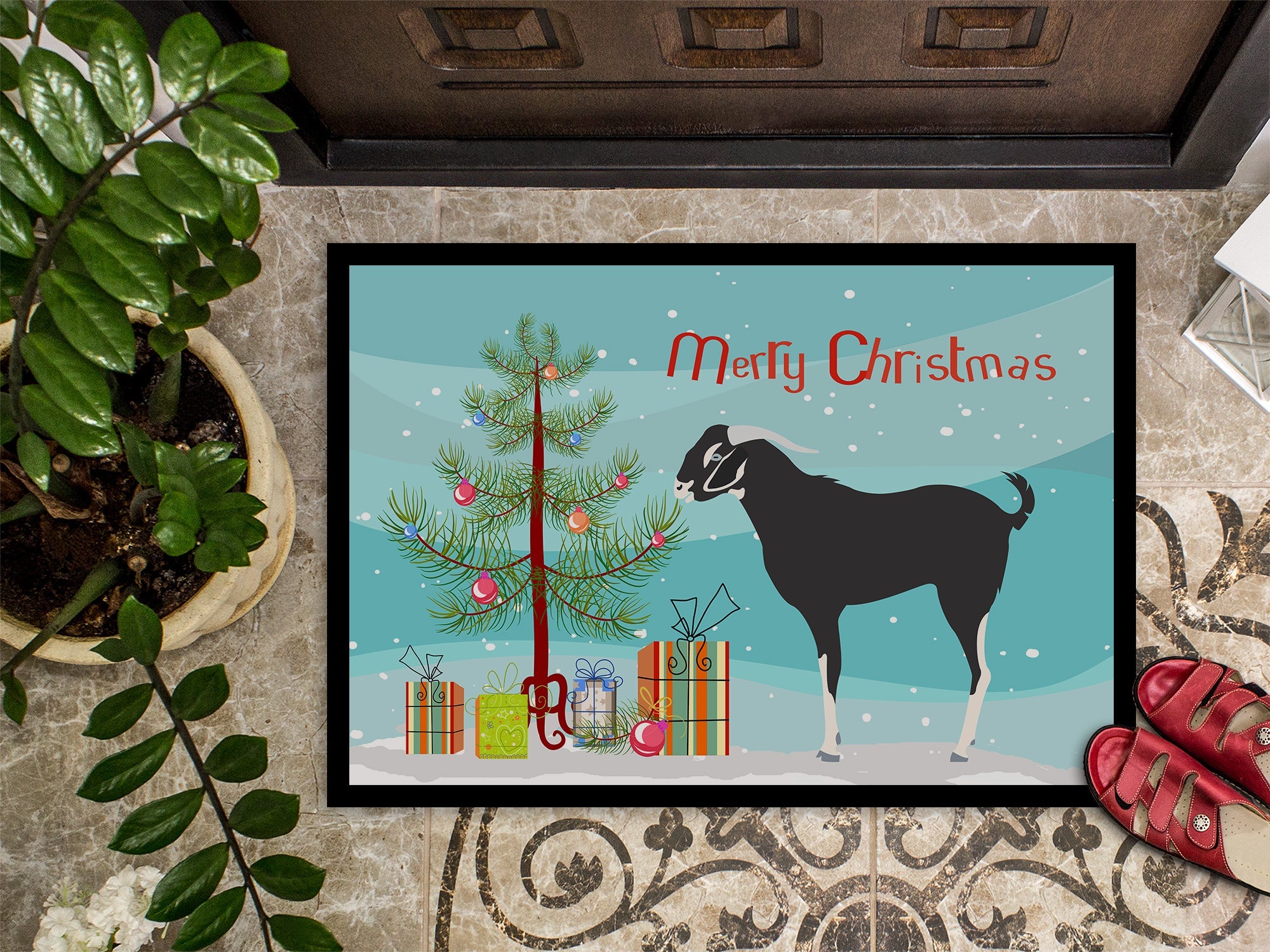 Black Bengal Goat Christmas Doormat Indoor Outdoor 24H X 36W Front Door Mat Rugs for Entryway, Non Slip Washable Low Pile,