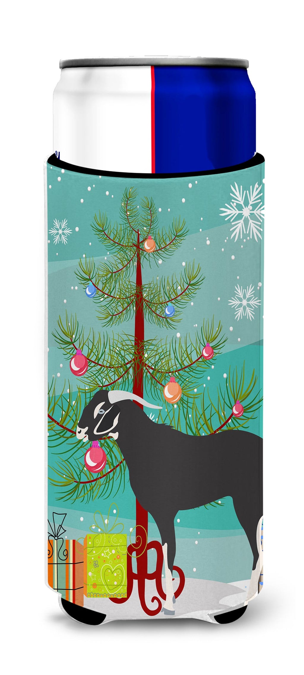 Black Bengal Goat Christmas Slim Can Hugger , Insulated Foam Hugger for 12 oz Slim Cans, Beer Bottles & Water Bottles, Printed in USA