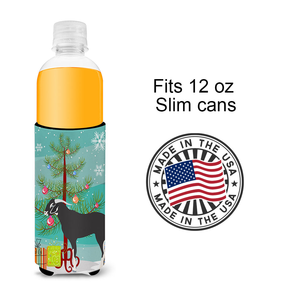Black Bengal Goat Christmas Slim Can Hugger , Insulated Foam Hugger for 12 oz Slim Cans, Beer Bottles & Water Bottles, Printed in USA