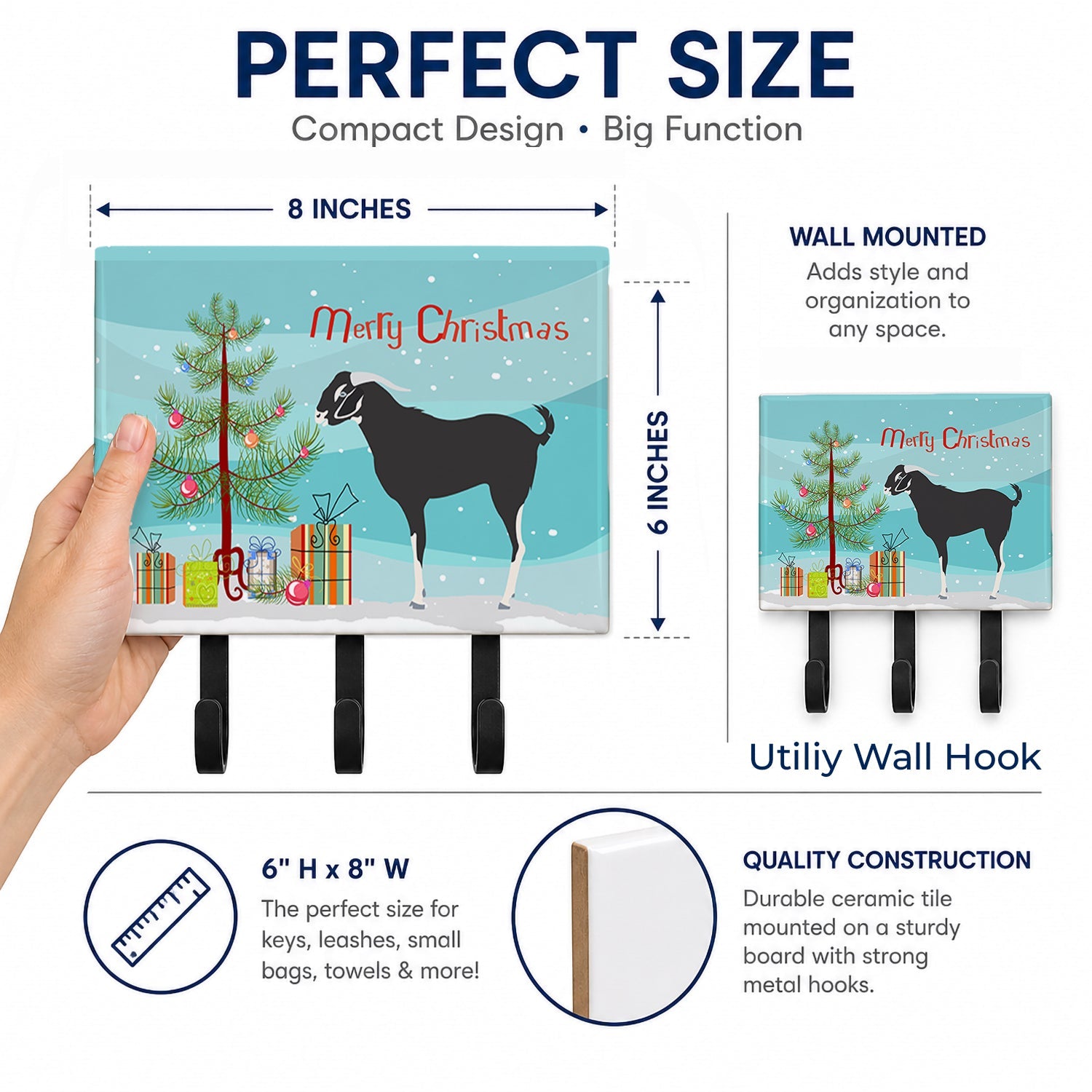 Black Bengal Goat Christmas Leash or Key Holder Wall Hooks, Coat Rack Wall Mount, for Hanging Keys, Towels, Aprons, Leashes