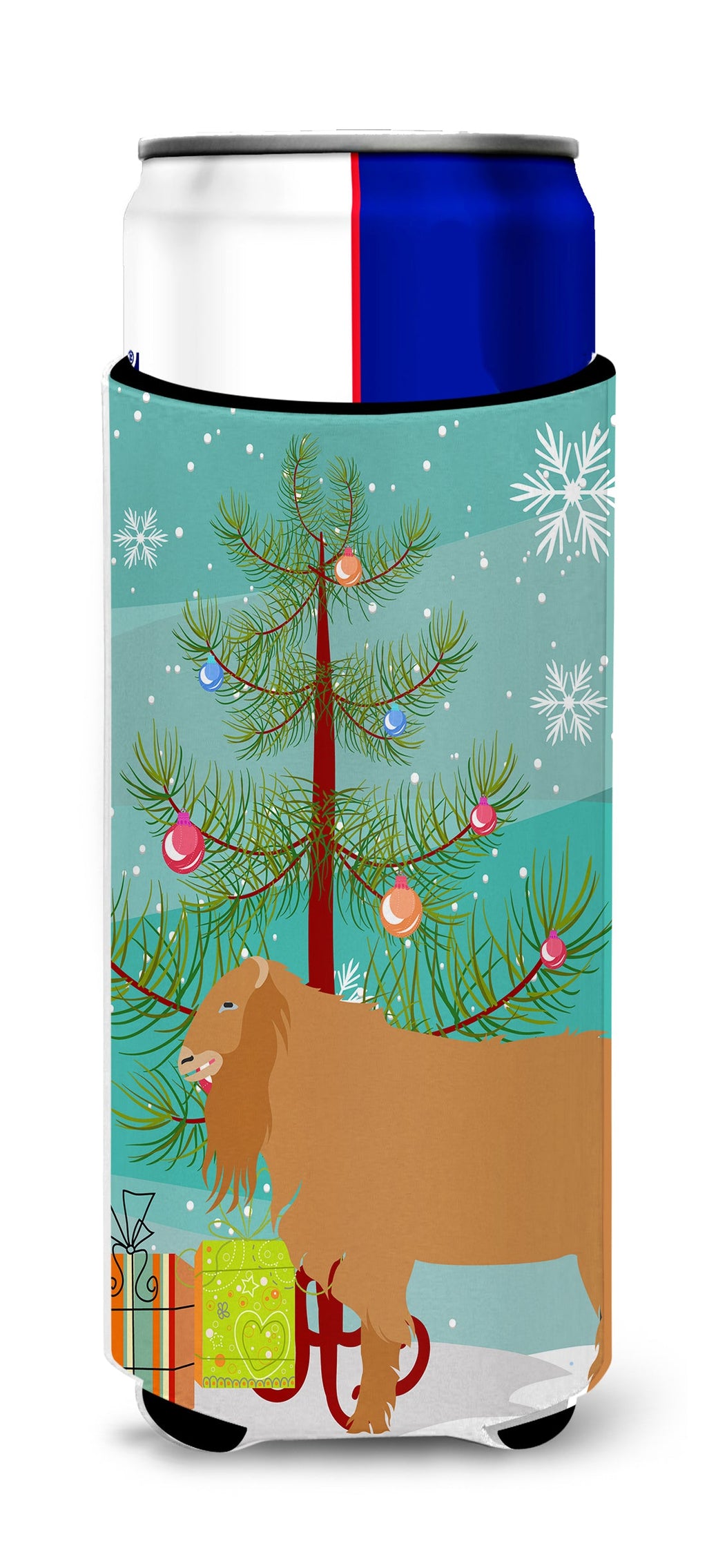 American Lamancha Goat Christmas Slim Can Hugger , Insulated Foam Hugger for 12 oz Slim Cans, Beer Bottles & Water Bottles, Printed in USA