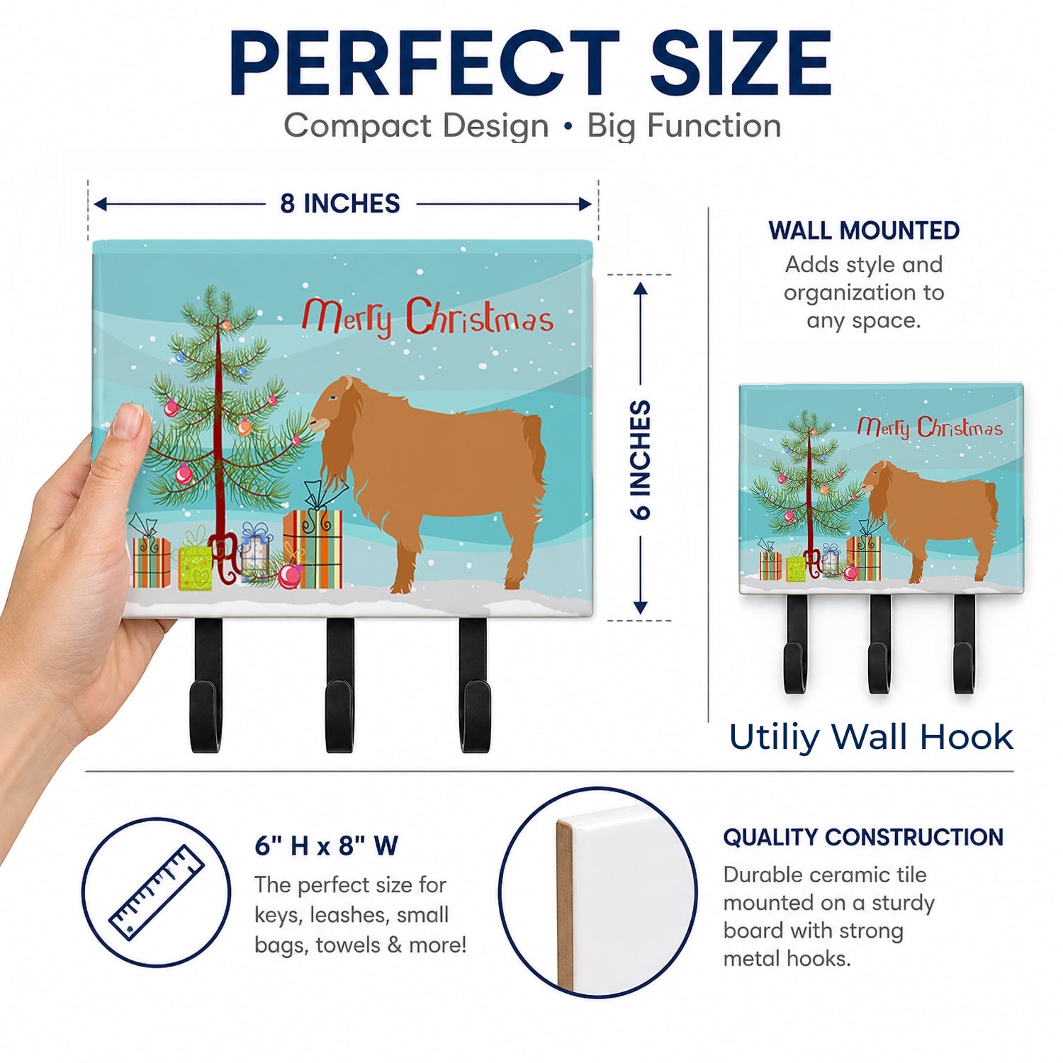 American Lamancha Goat Christmas Leash or Key Holder Wall Hooks, Coat Rack Wall Mount, for Hanging Keys, Towels, Aprons, Leashes