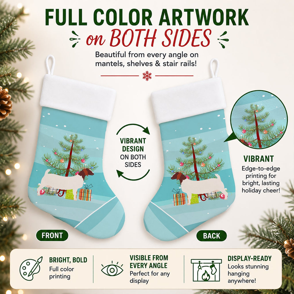 Boer Goat Christmas Holiday Stocking Double-Sided Print, Polyester Suede,11x18, Made in USA