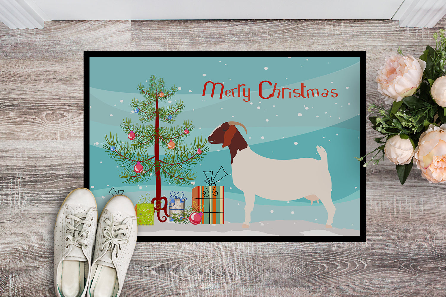 Boer Goat Christmas Doormat Indoor Outdoor 18H X 27W Front Door Mat Rugs for Entryway, Non Slip Washable