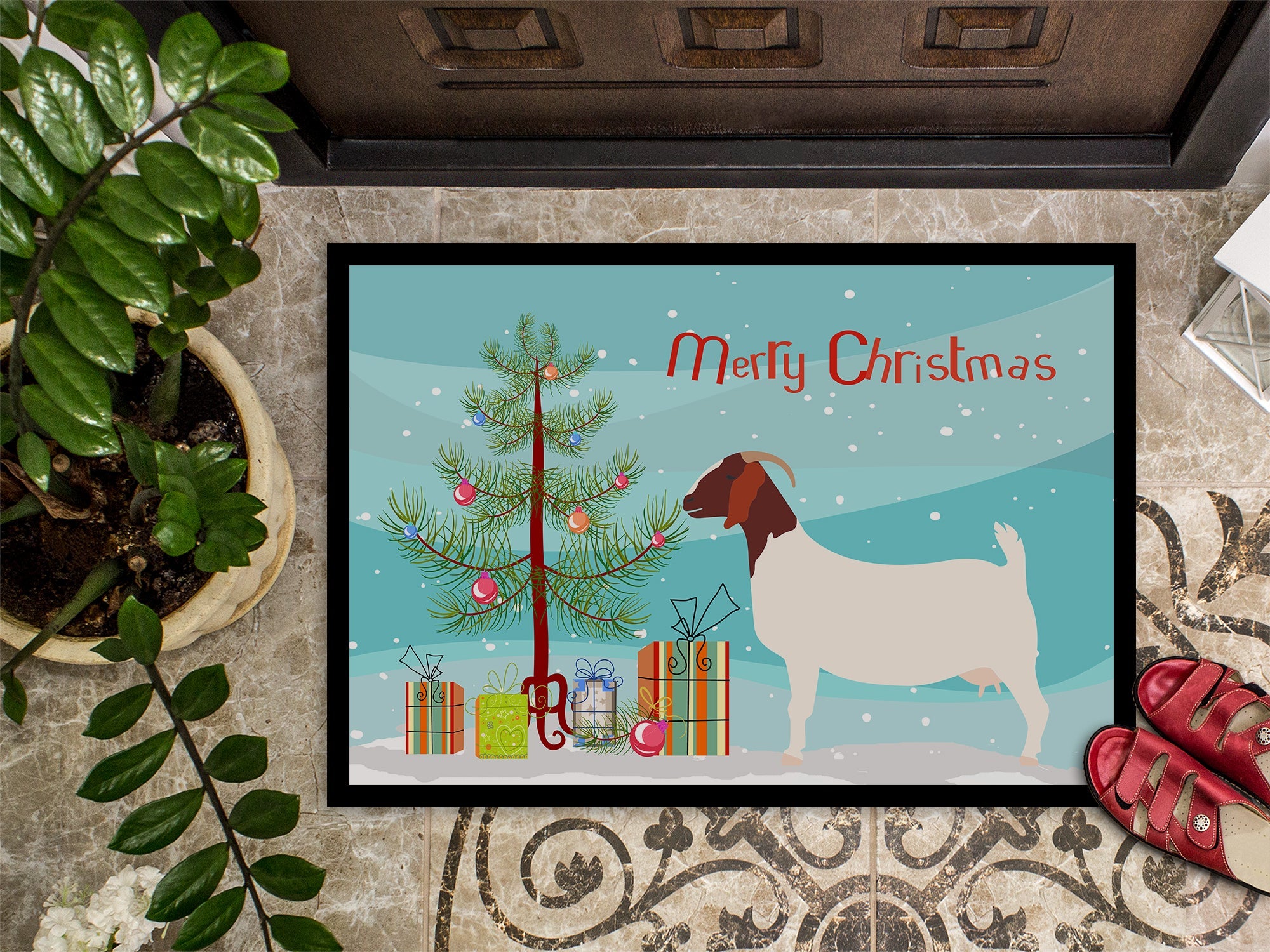 Boer Goat Christmas Doormat Indoor Outdoor 18H X 27W Front Door Mat Rugs for Entryway, Non Slip Washable