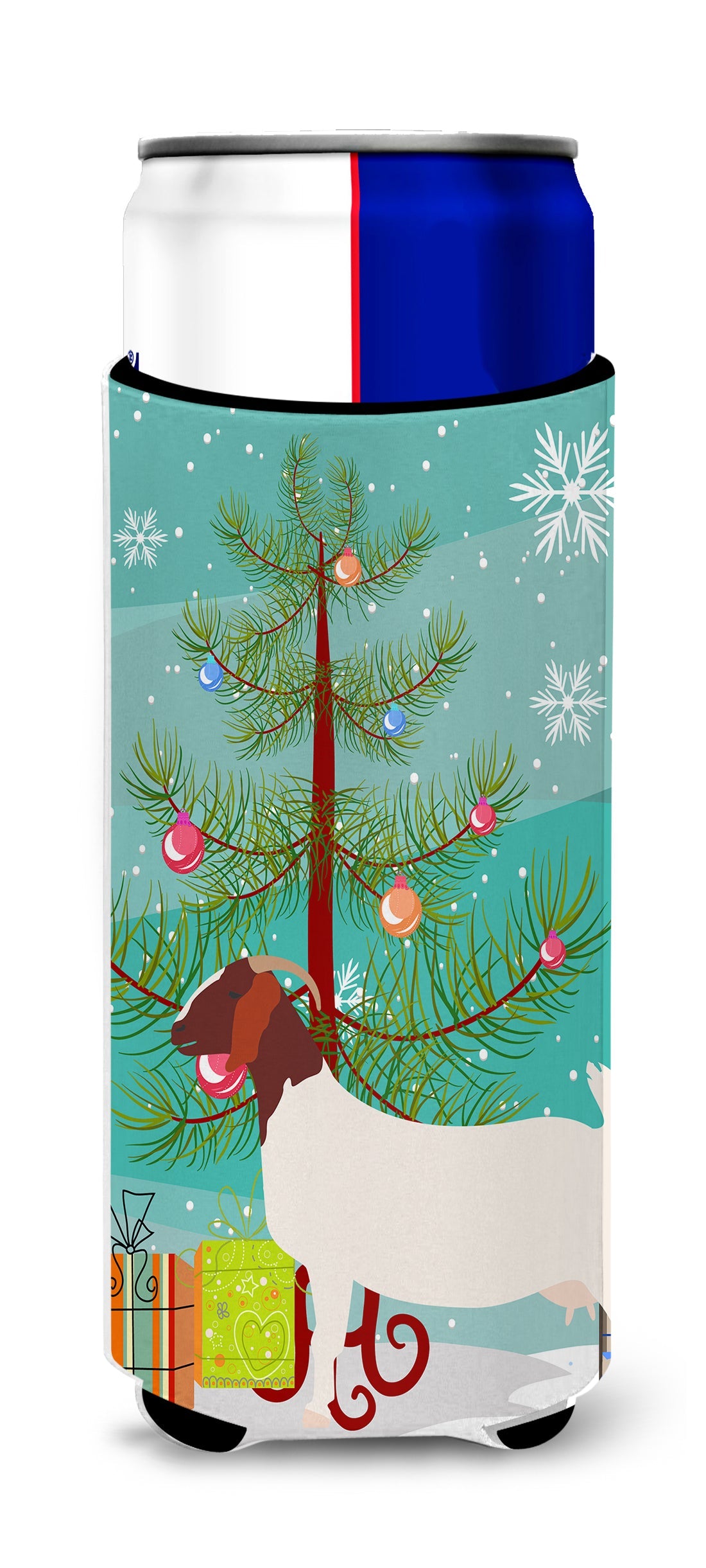 Boer Goat Christmas Slim Can Hugger , Insulated Foam Hugger for 12 oz Slim Cans, Beer Bottles & Water Bottles, Printed in USA