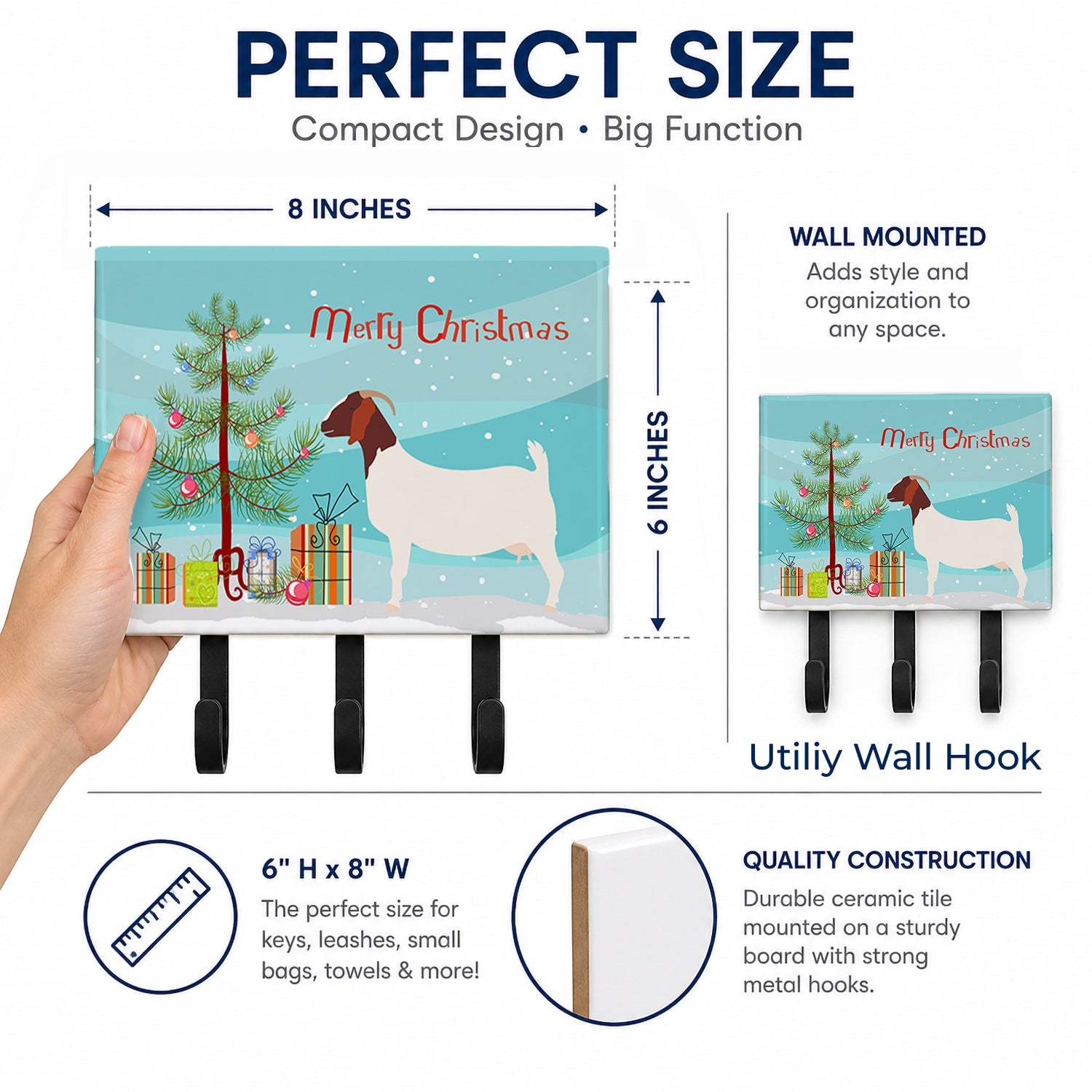 Boer Goat Christmas Leash or Key Holder Wall Hooks, Coat Rack Wall Mount, for Hanging Keys, Towels, Aprons, Leashes