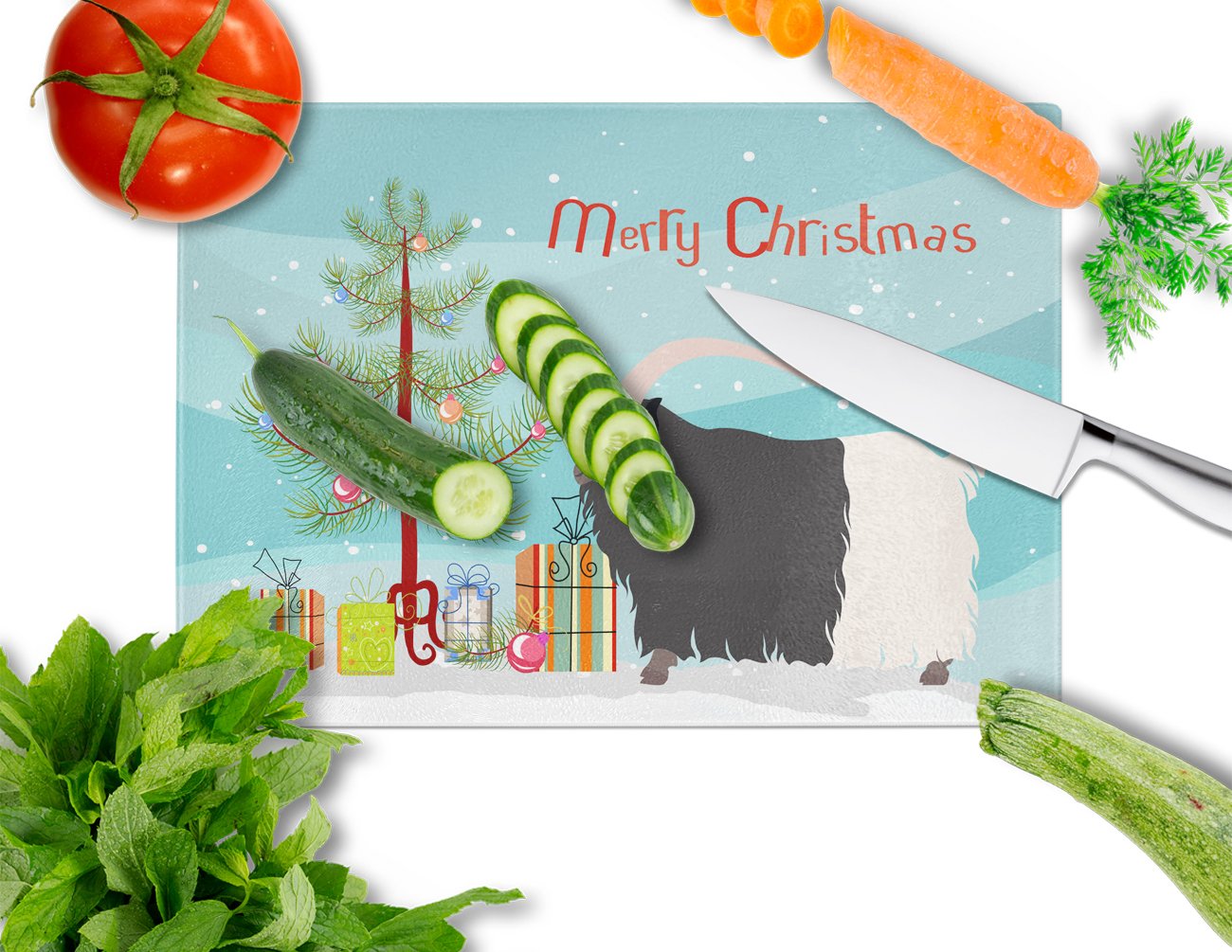 Welsh Black-Necked Goat Christmas Cutting Board Tempered Glass Kitchen Cutting Surface, Heat Resistant Chopping, Non-Slip Feet, Food Prep & Serving
