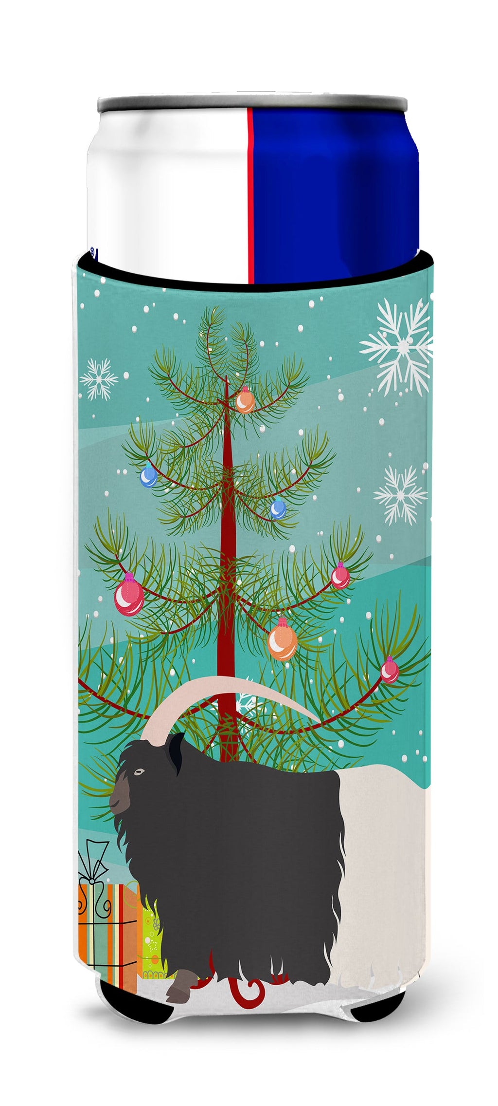 Welsh Black-Necked Goat Christmas Slim Can Hugger , Insulated Foam Hugger for 12 oz Slim Cans, Beer Bottles & Water Bottles, Printed in USA