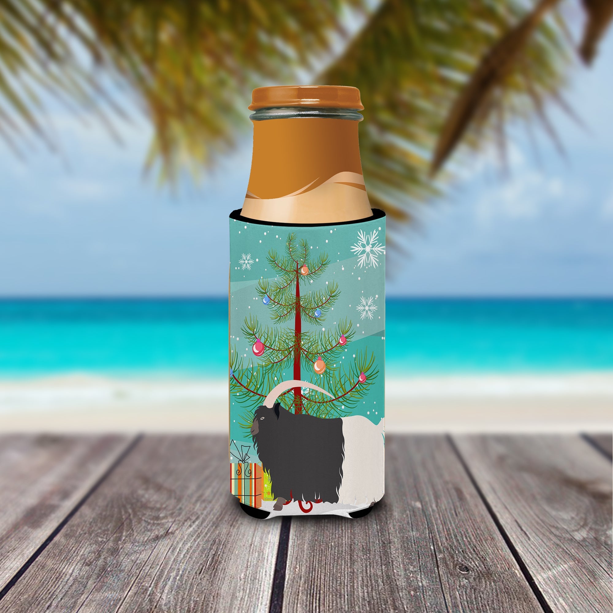 Welsh Black-Necked Goat Christmas Slim Can Hugger , Insulated Foam Hugger for 12 oz Slim Cans, Beer Bottles & Water Bottles, Printed in USA
