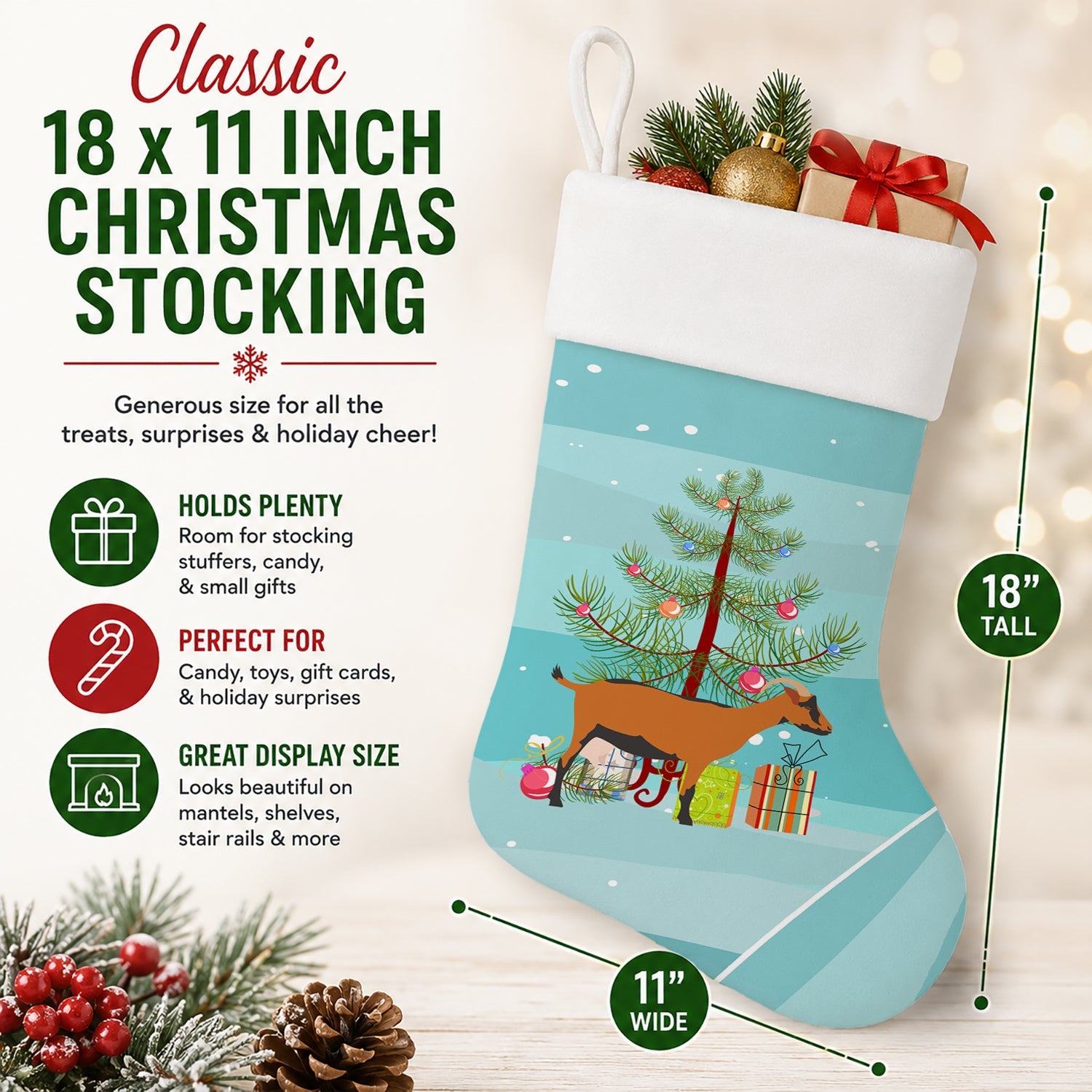 Oberhasli Goat Christmas Holiday Stocking Double-Sided Print, Polyester Suede,11x18, Made in USA