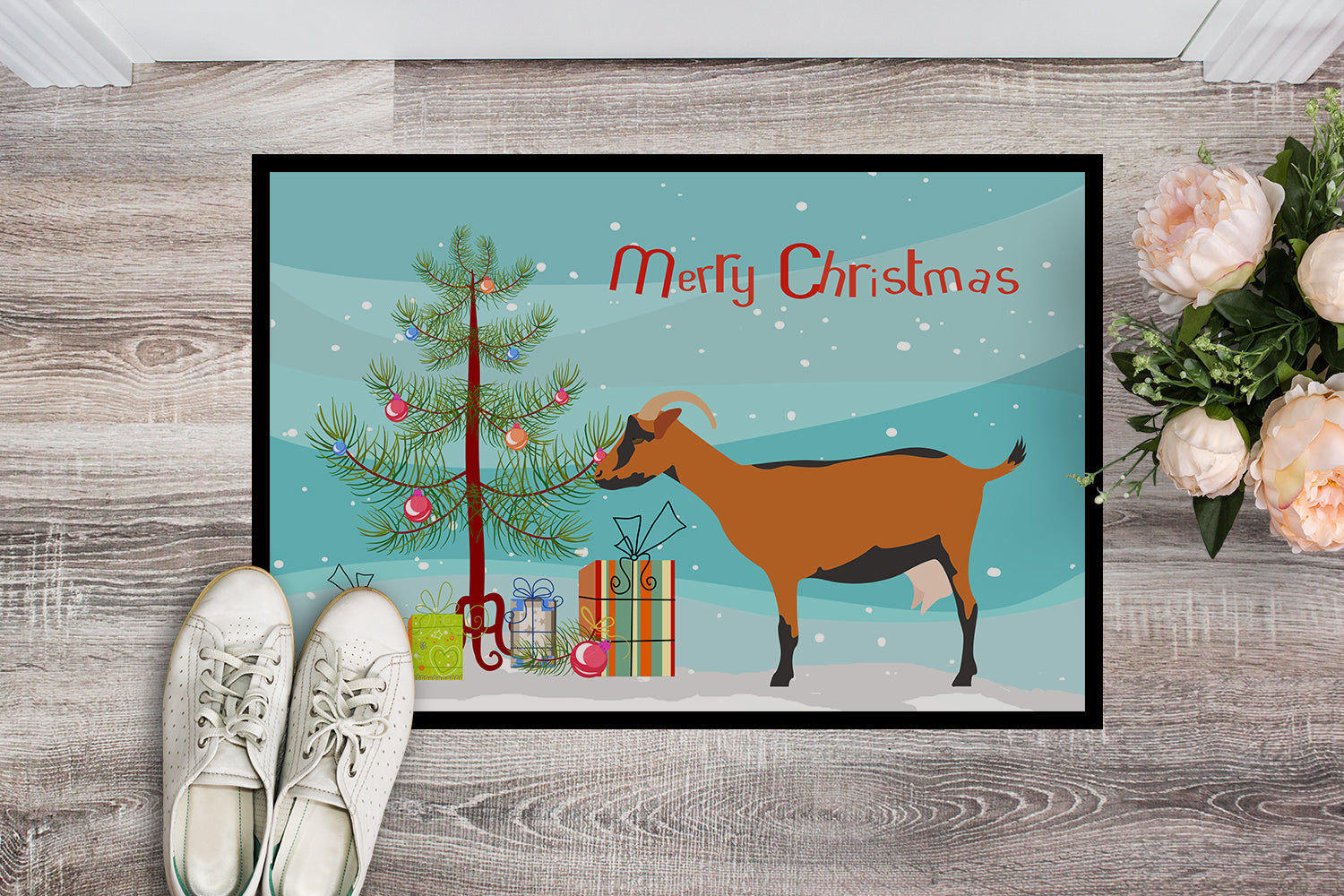 Oberhasli Goat Christmas Doormat Indoor Outdoor 24H X 36W Front Door Mat Rugs for Entryway, Non Slip Washable Low Pile,