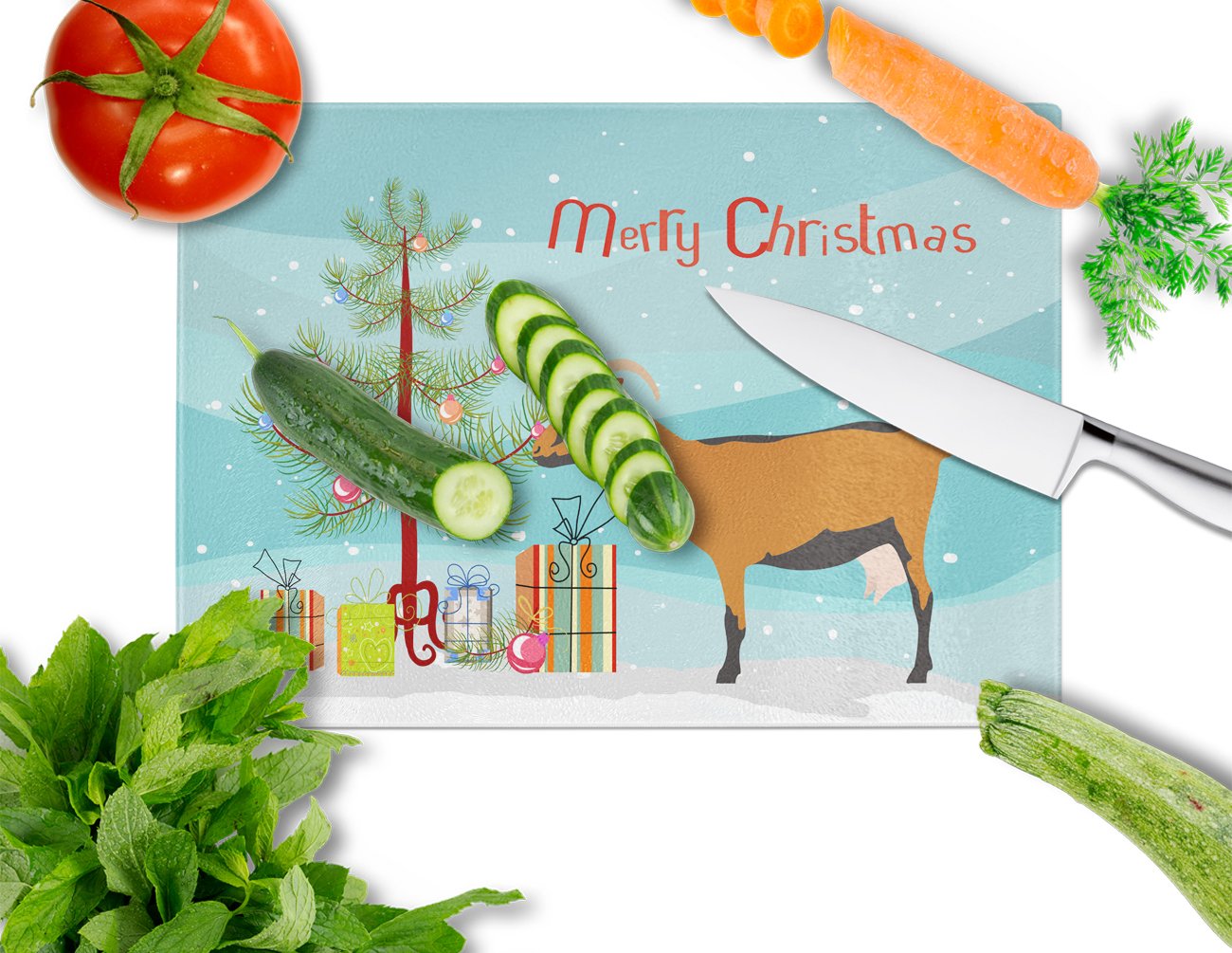 Oberhasli Goat Christmas Cutting Board Tempered Glass Kitchen Cutting Surface, Heat Resistant Chopping, Non-Slip Feet, Food Prep & Serving