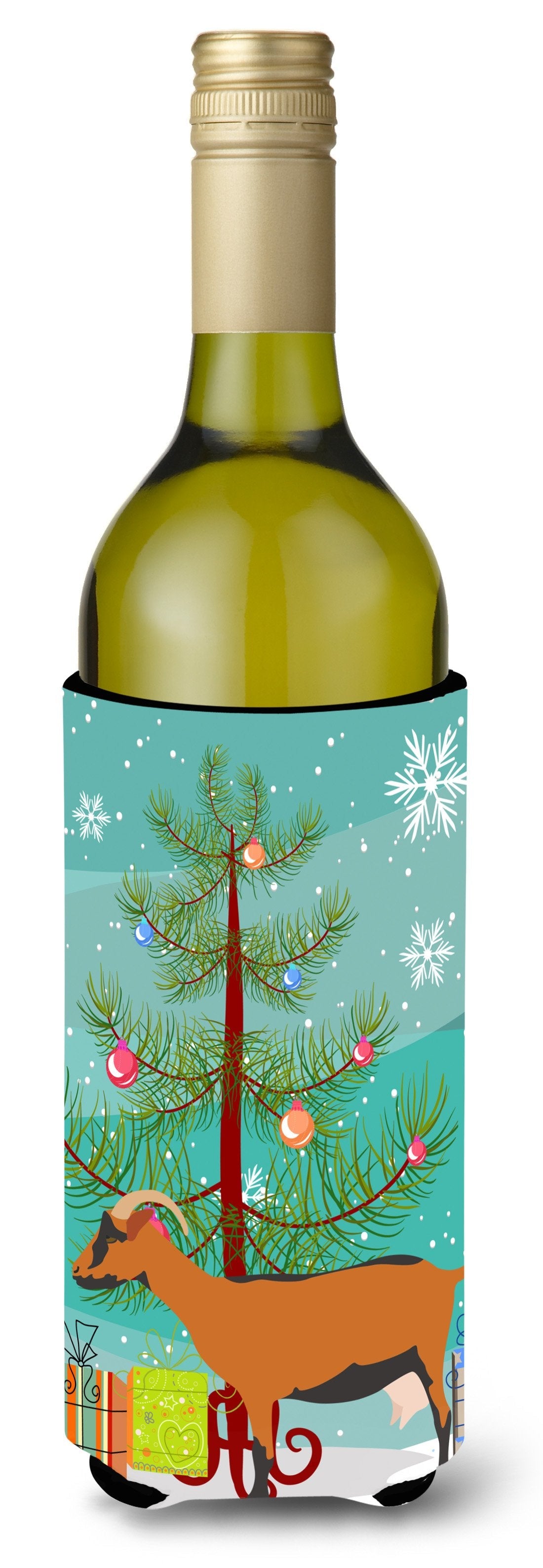 Oberhasli Goat Christmas Wine Bottle Hugger Gift Sleeve for Standard 750 ml Bottles, Insulated Reusable Also Fits Mini Shot & Pint Bottles