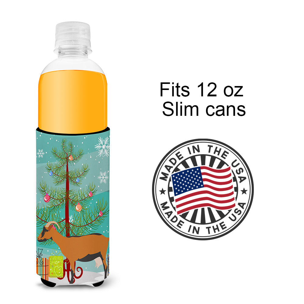 Oberhasli Goat Christmas Slim Can Hugger , Insulated Foam Hugger for 12 oz Slim Cans, Beer Bottles & Water Bottles, Printed in USA