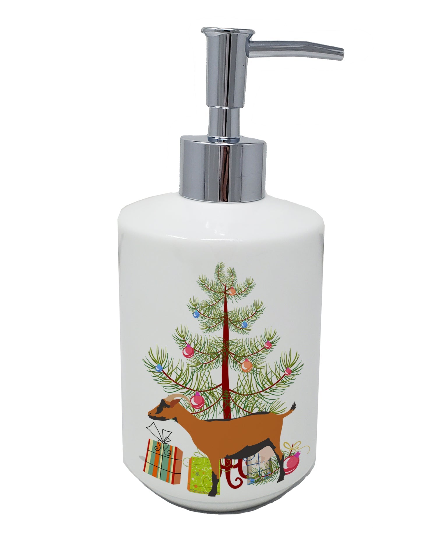 Oberhasli Goat Christmas Ceramic Soap Dispenser , Empty Refillable Hand Soap Pump Bottle for Bathroom Kitchen
