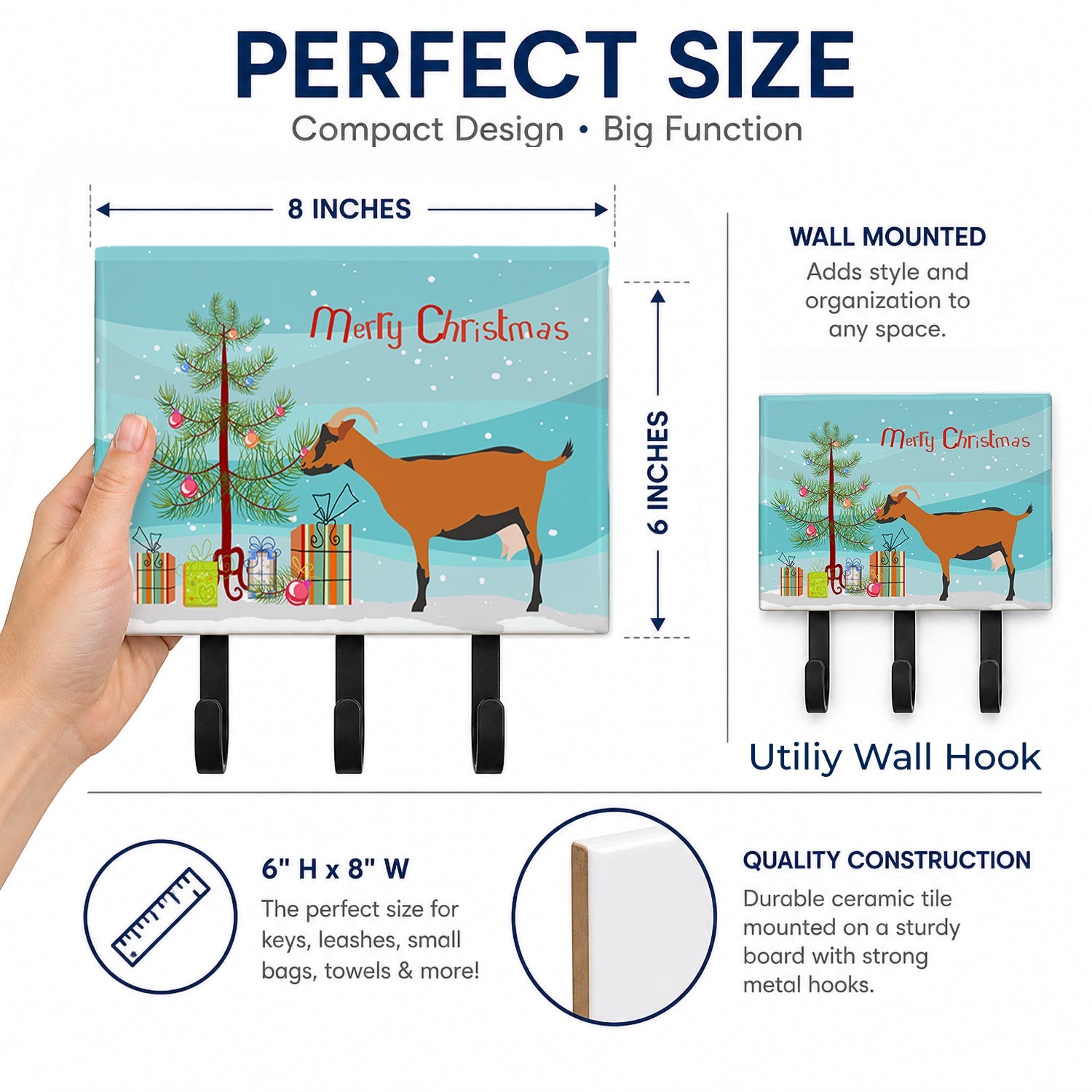 Oberhasli Goat Christmas Leash or Key Holder Wall Hooks, Coat Rack Wall Mount, for Hanging Keys, Towels, Aprons, Leashes