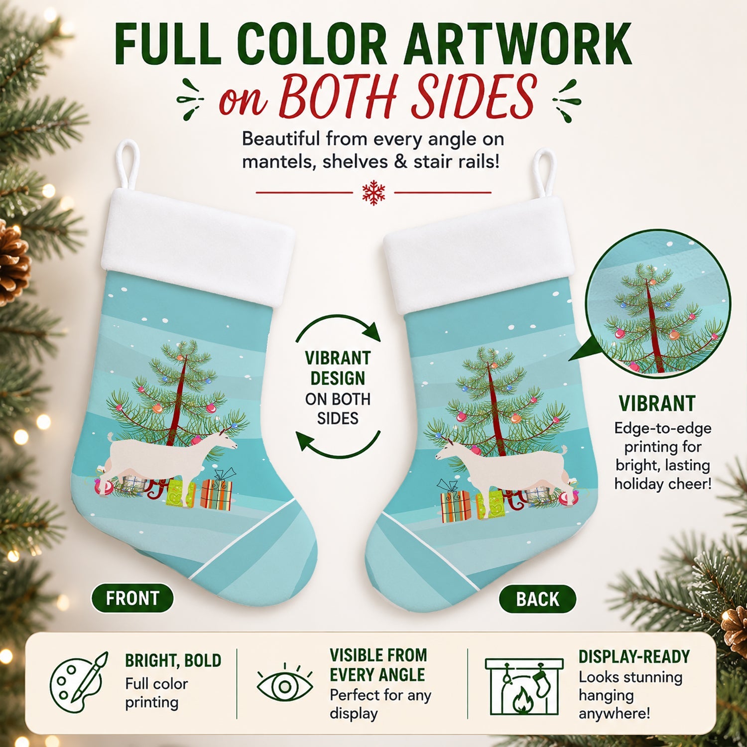 Saanen Goat Christmas Holiday Stocking Double-Sided Print, Polyester Suede,11x18, Made in USA