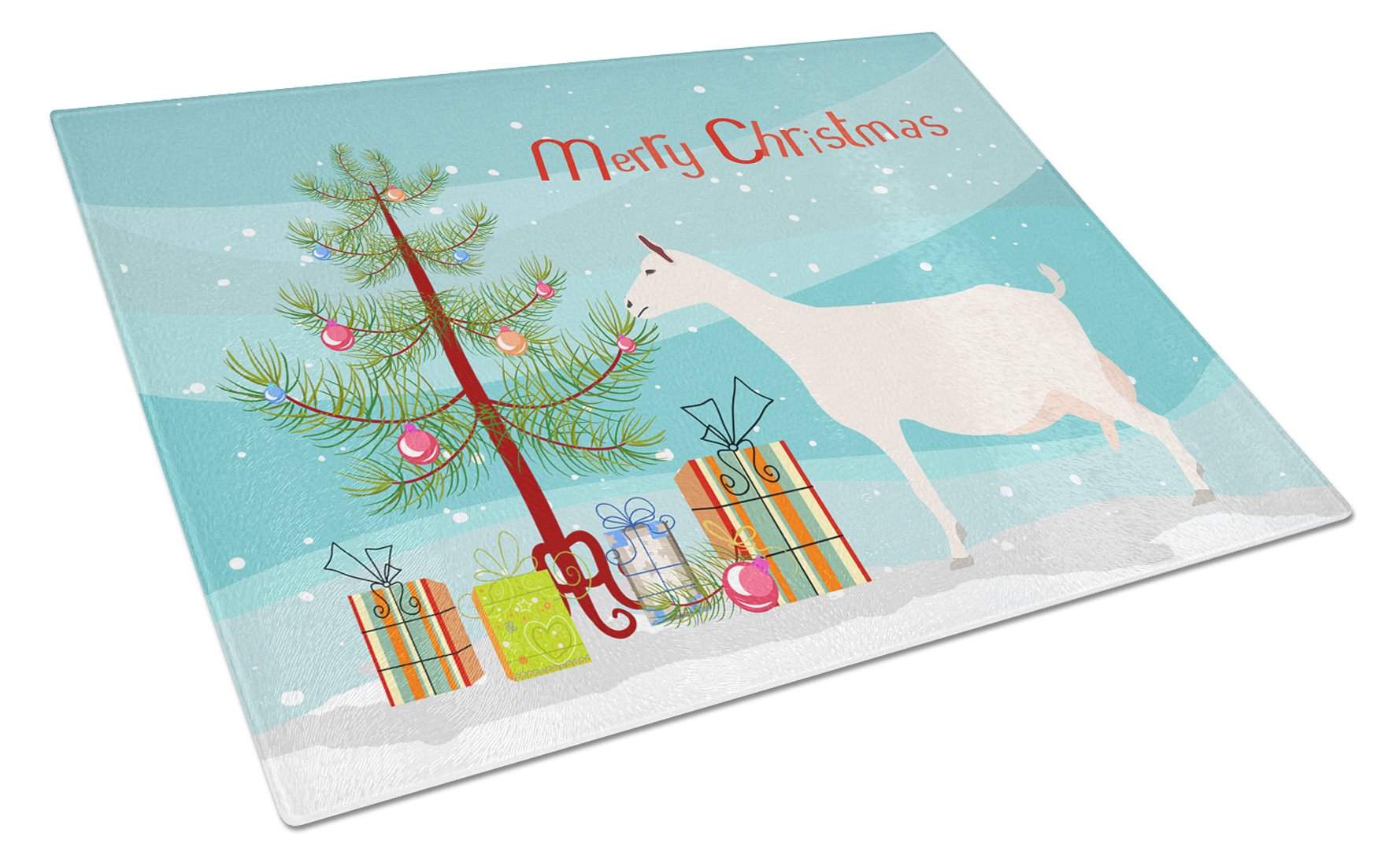 Saanen Goat Christmas Cutting Board Tempered Glass Kitchen Cutting Surface, Heat Resistant Chopping, Non-Slip Feet, Food Prep & Serving
