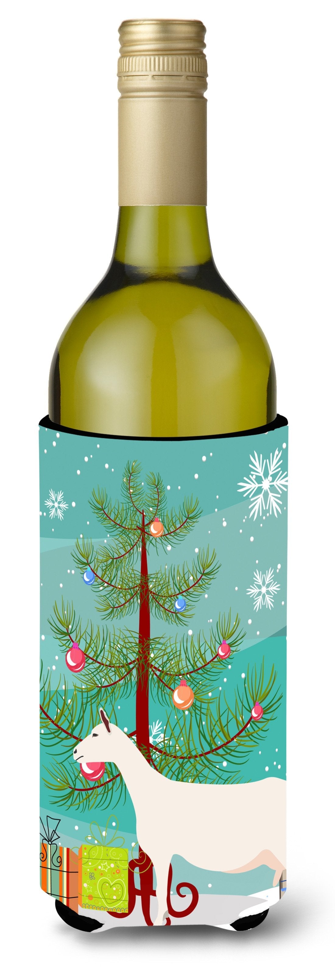 Saanen Goat Christmas Wine Bottle Hugger Gift Sleeve for Standard 750 ml Bottles, Insulated Reusable Also Fits Mini Shot & Pint Bottles